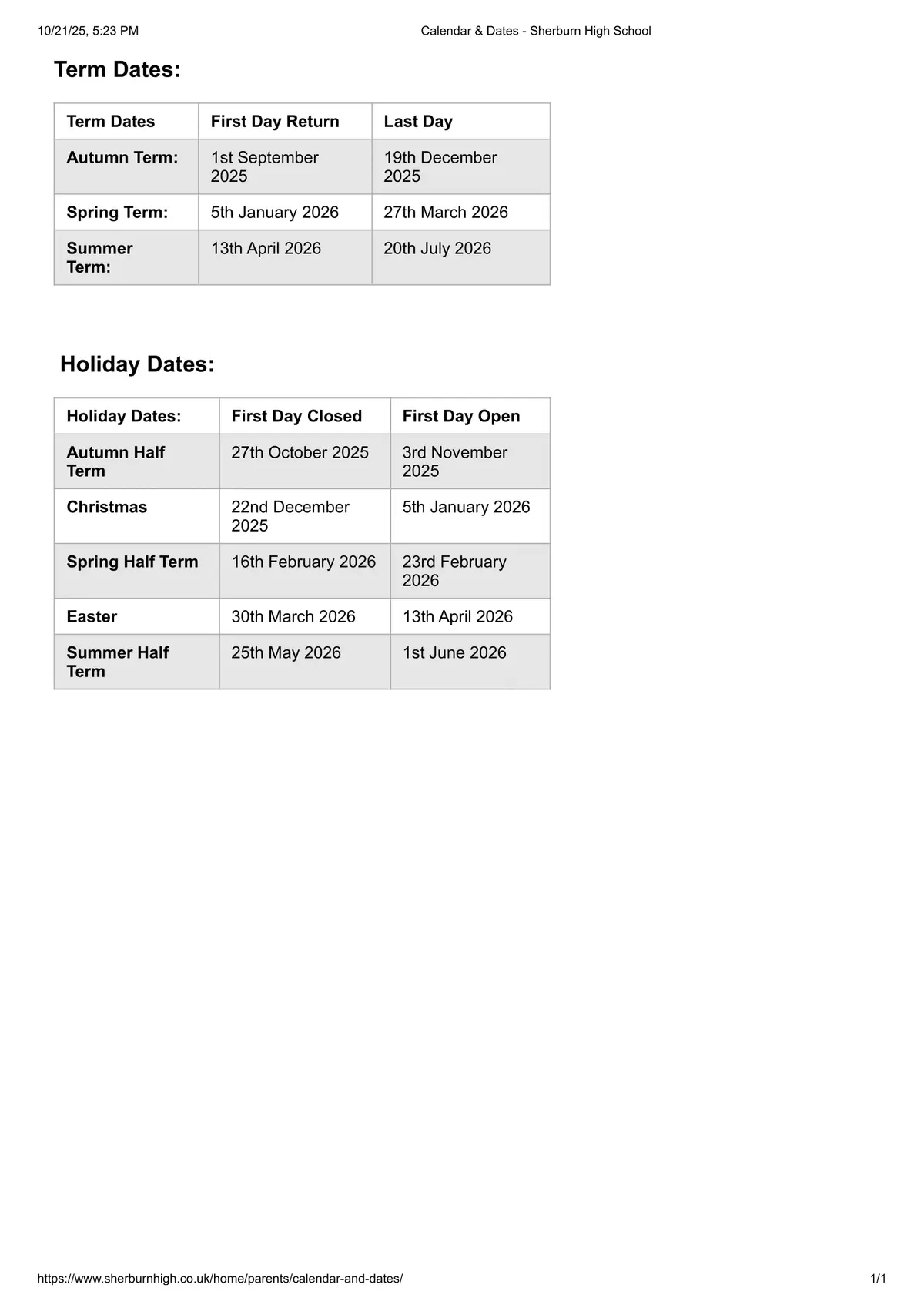 Sherburn High School term dates
