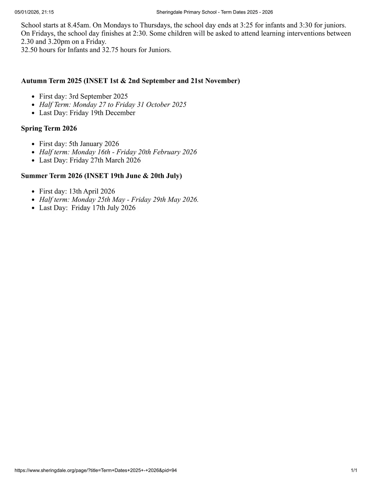 Sheringdale Primary School term dates