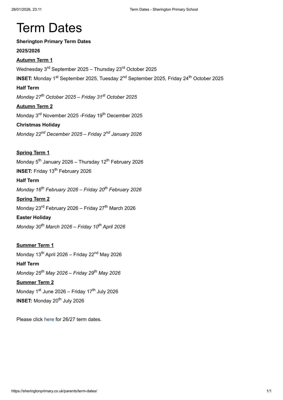 Sherington Primary School term dates