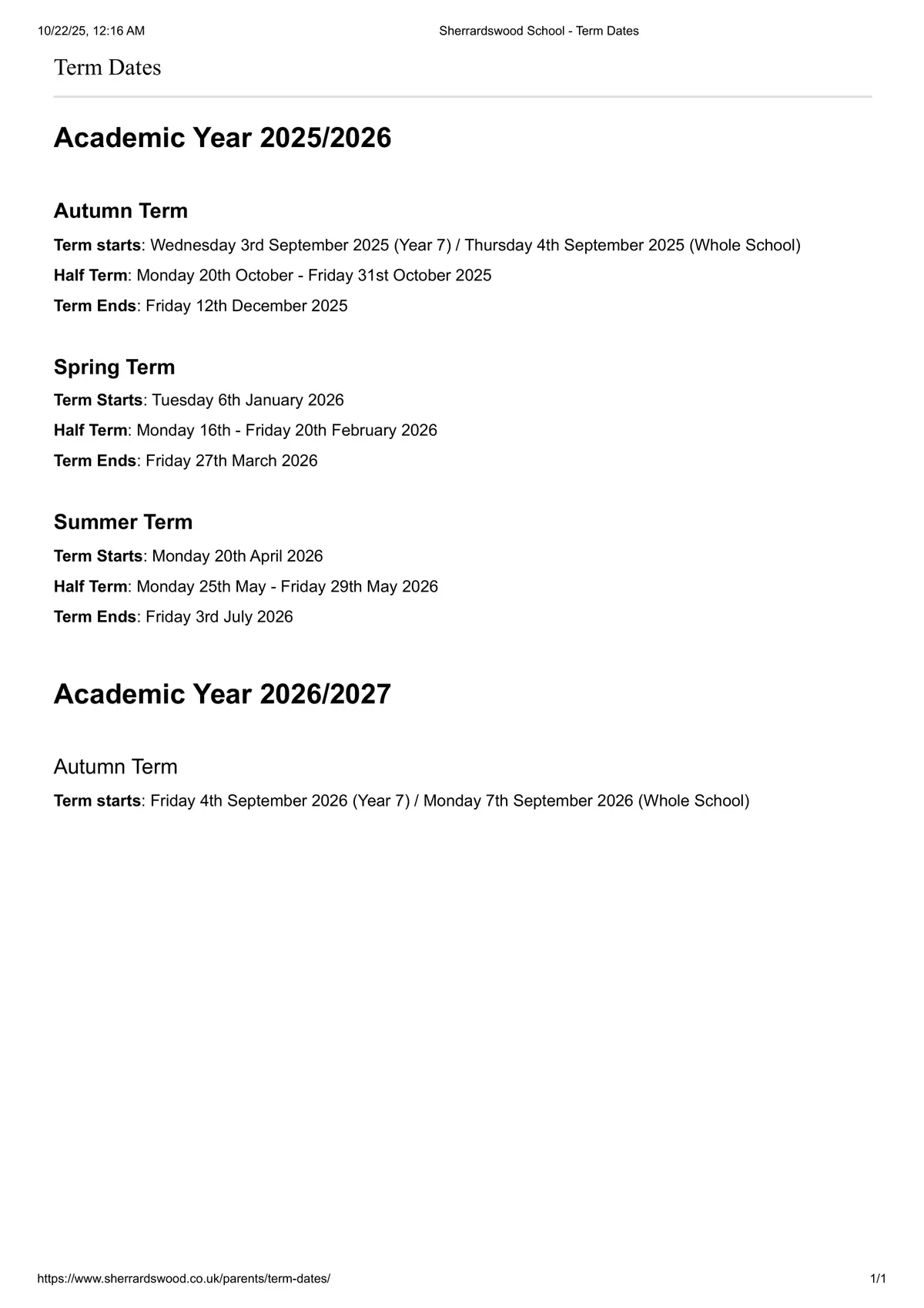 Sherrardswood School term dates