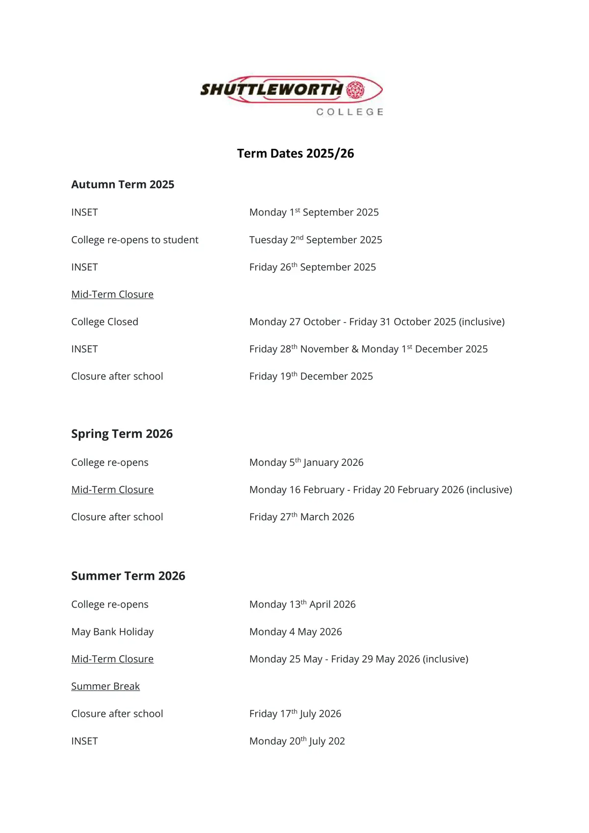 Shuttleworth College term dates