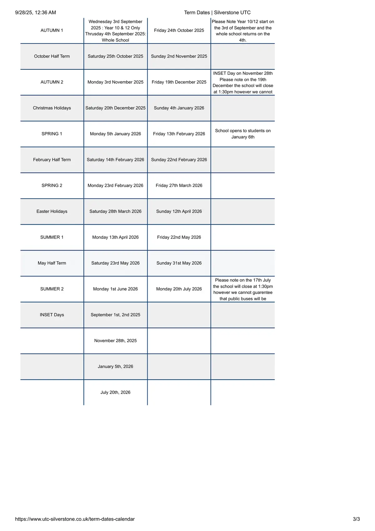 Silverstone UTC term dates