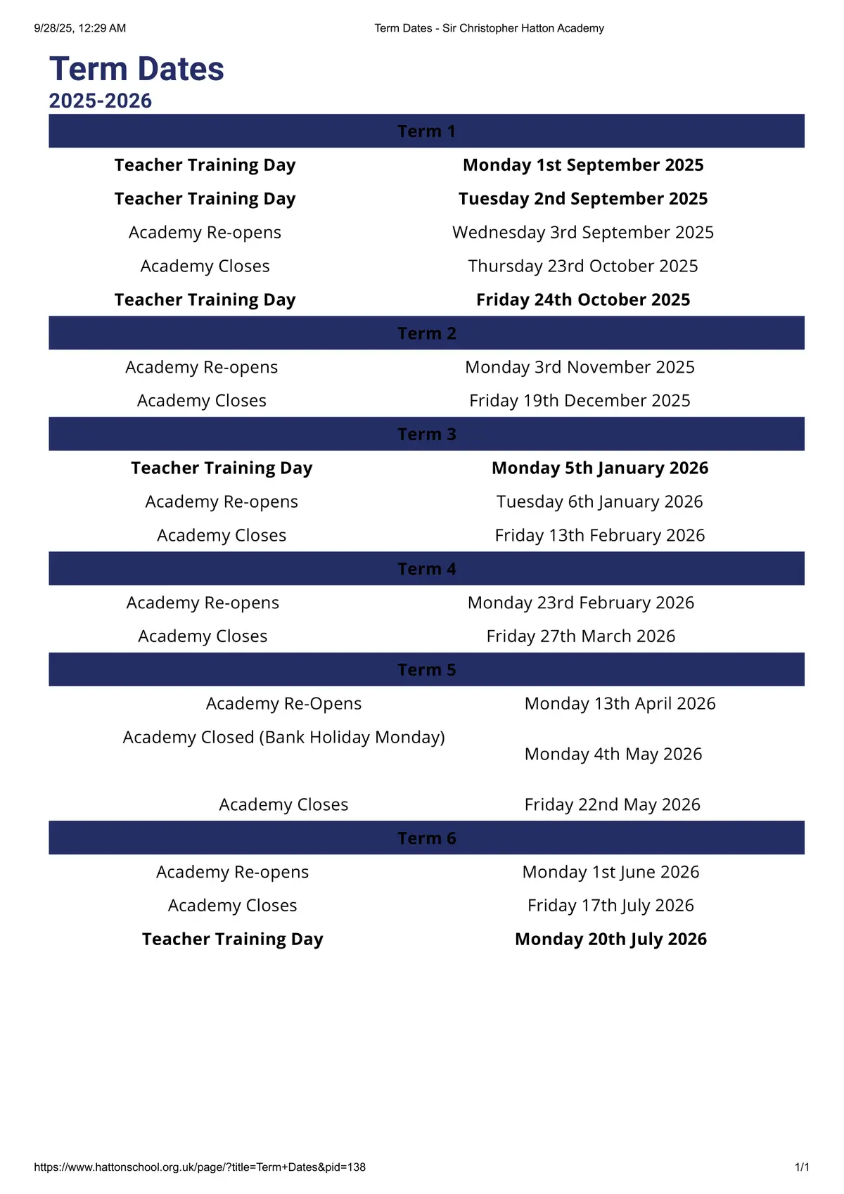 Sir Christopher Hatton Academy term dates
