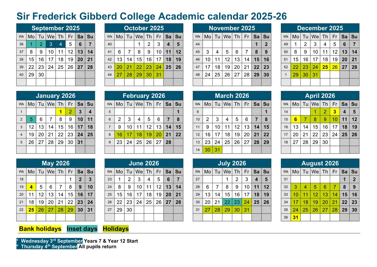 Sir Frederick Gibberd College term dates