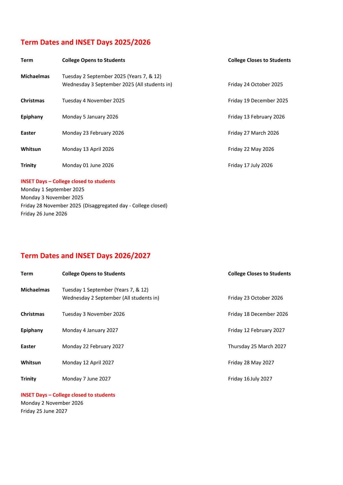 Sir John Deane's Sixth Form College term dates