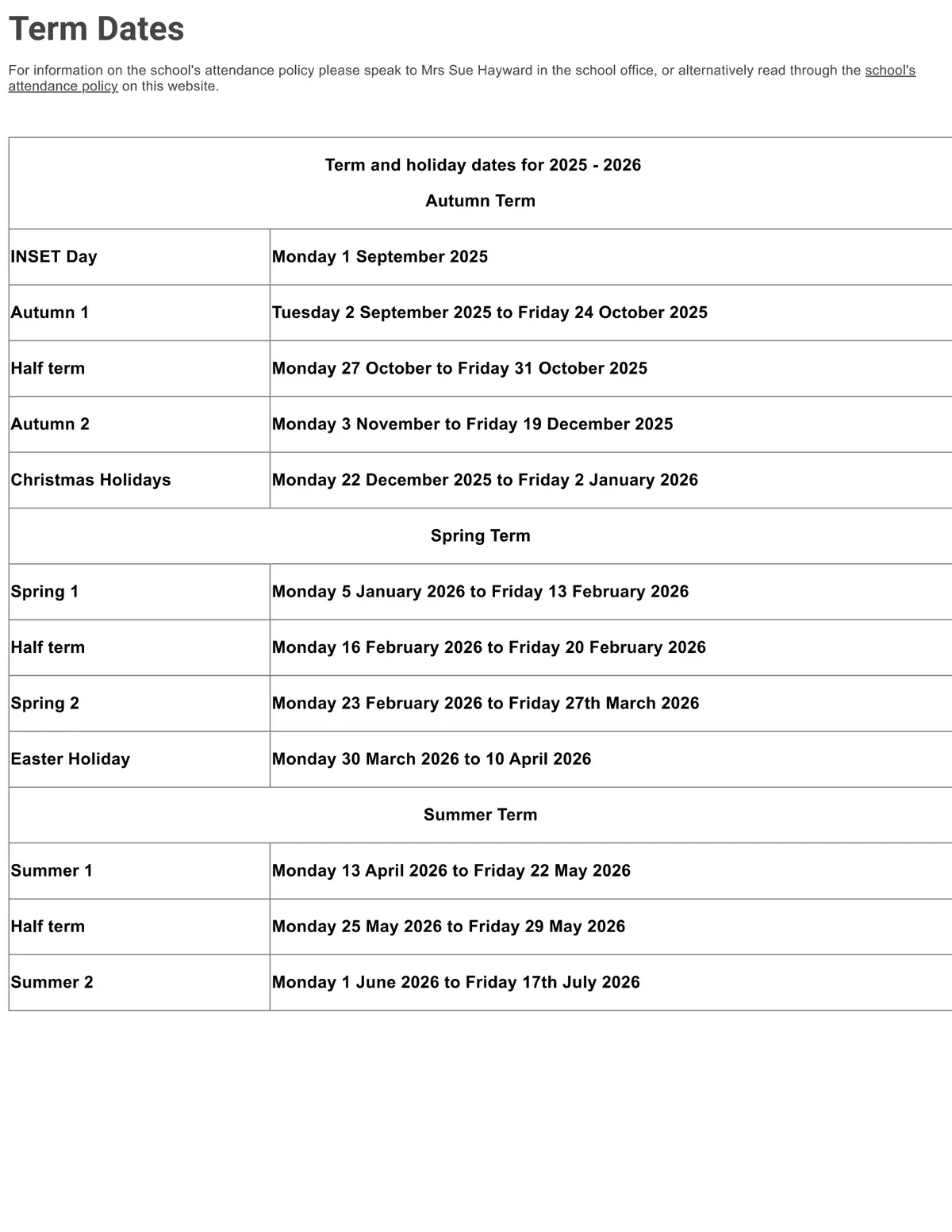 Sir John Lillie Primary School term dates