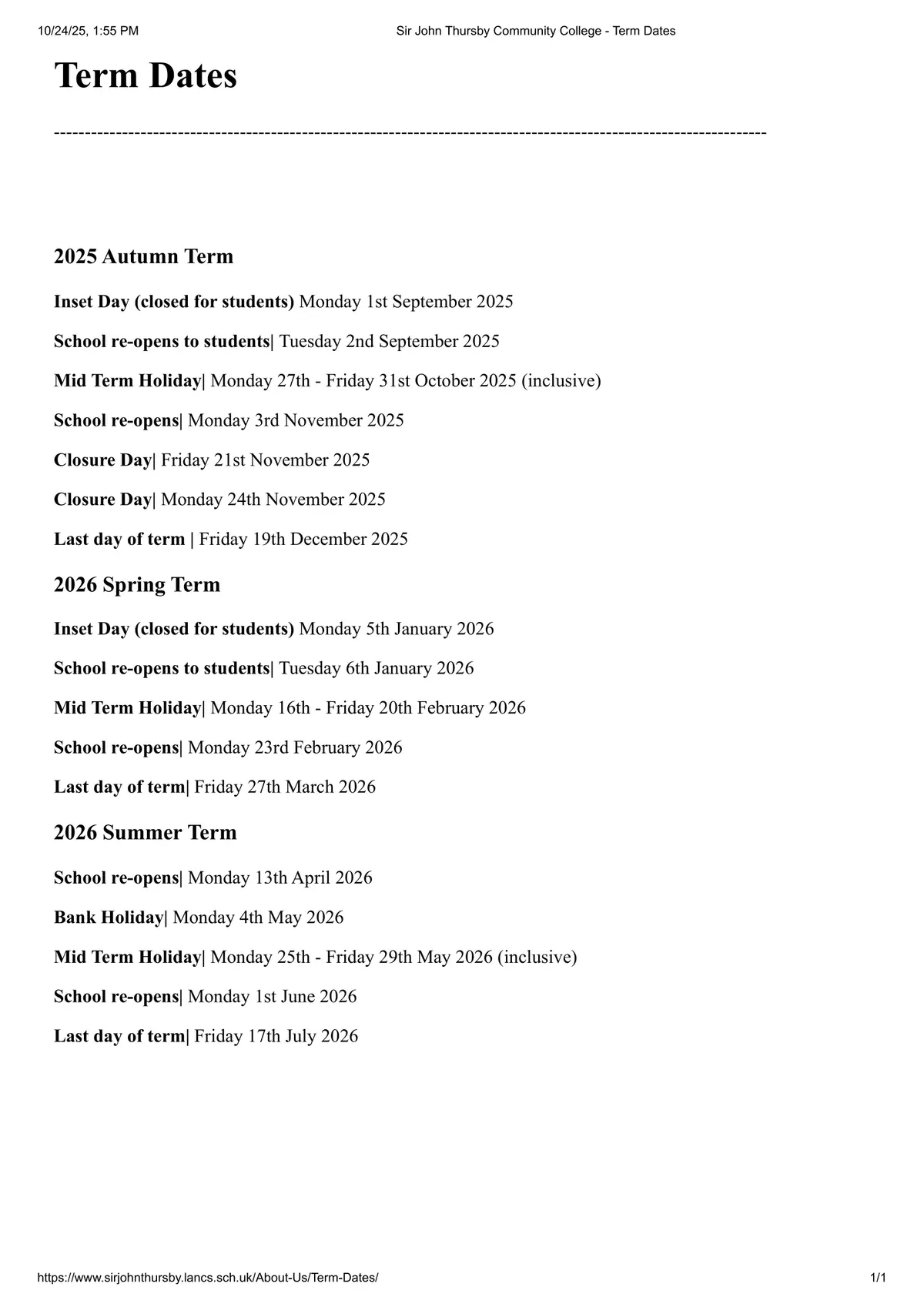 Sir John Thursby Community College term dates