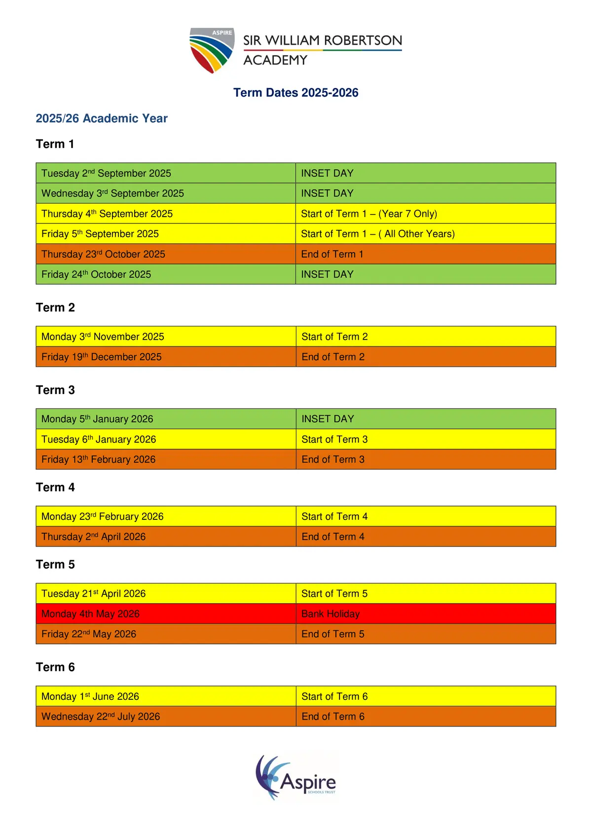 Sir William Robertson Academy, Welbourn term dates