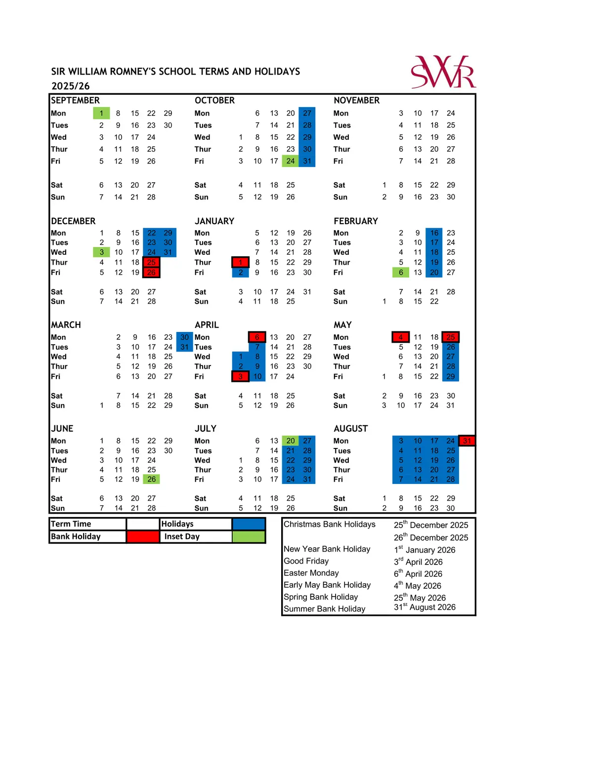Sir William Romney's School term dates