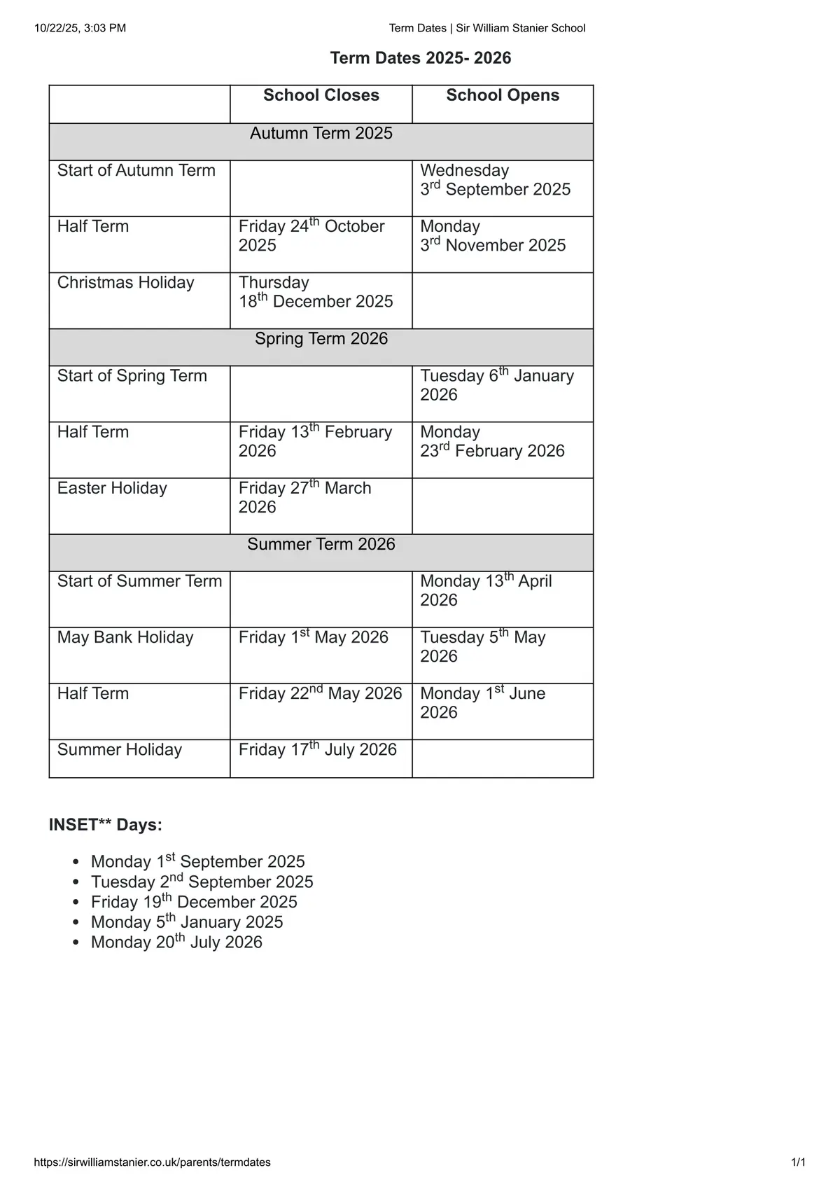 Sir William Stanier School term dates
