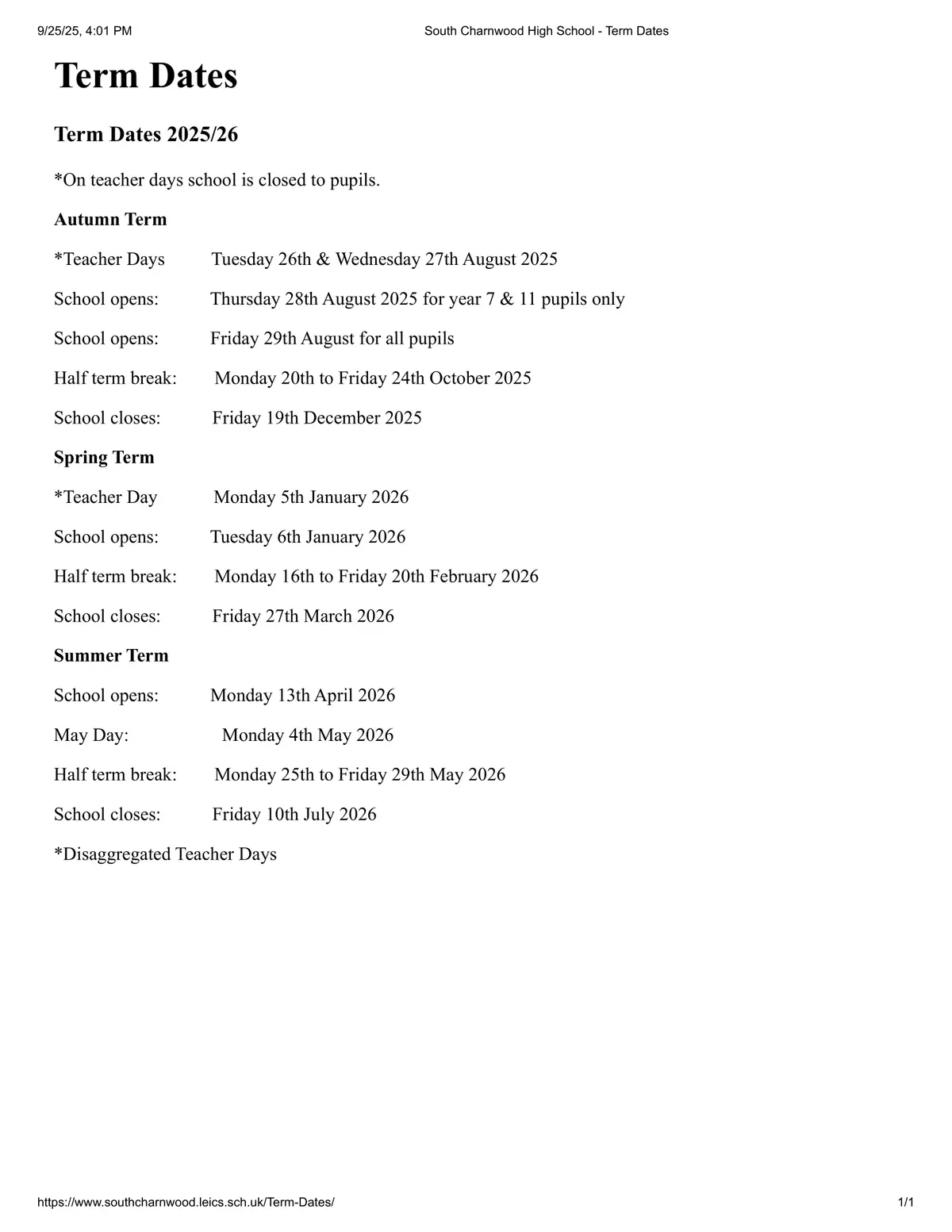 South Charnwood High School term dates
