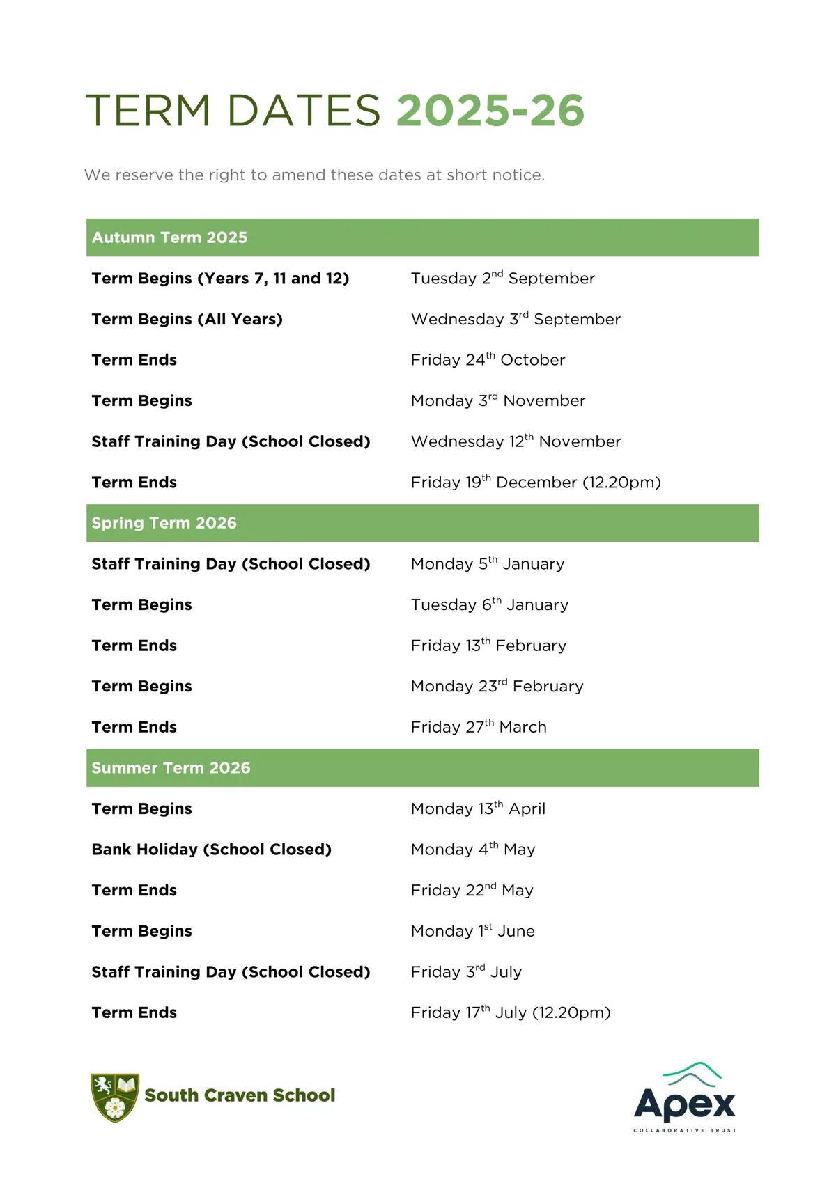 South Craven School term dates