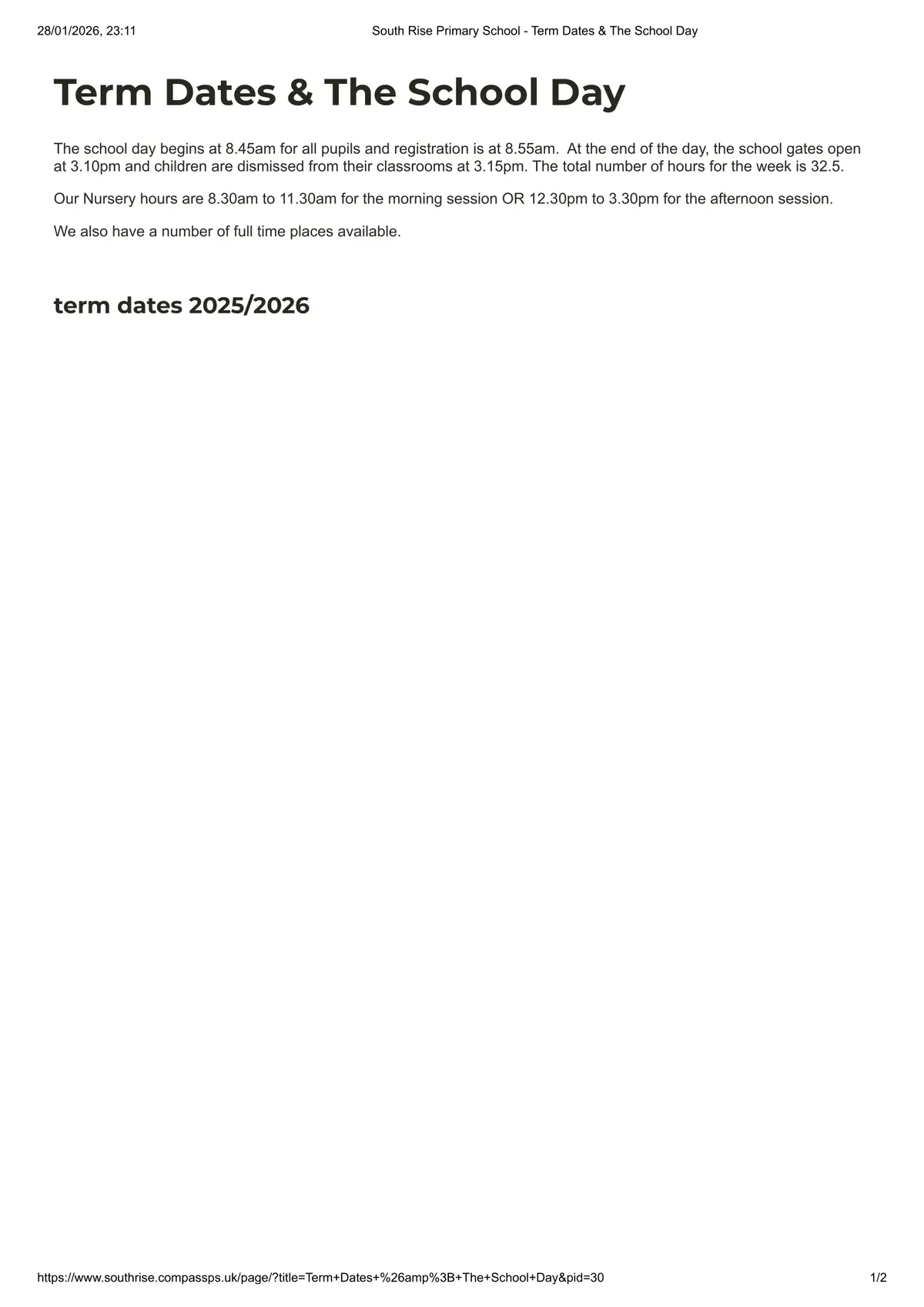 South Rise Primary School term dates