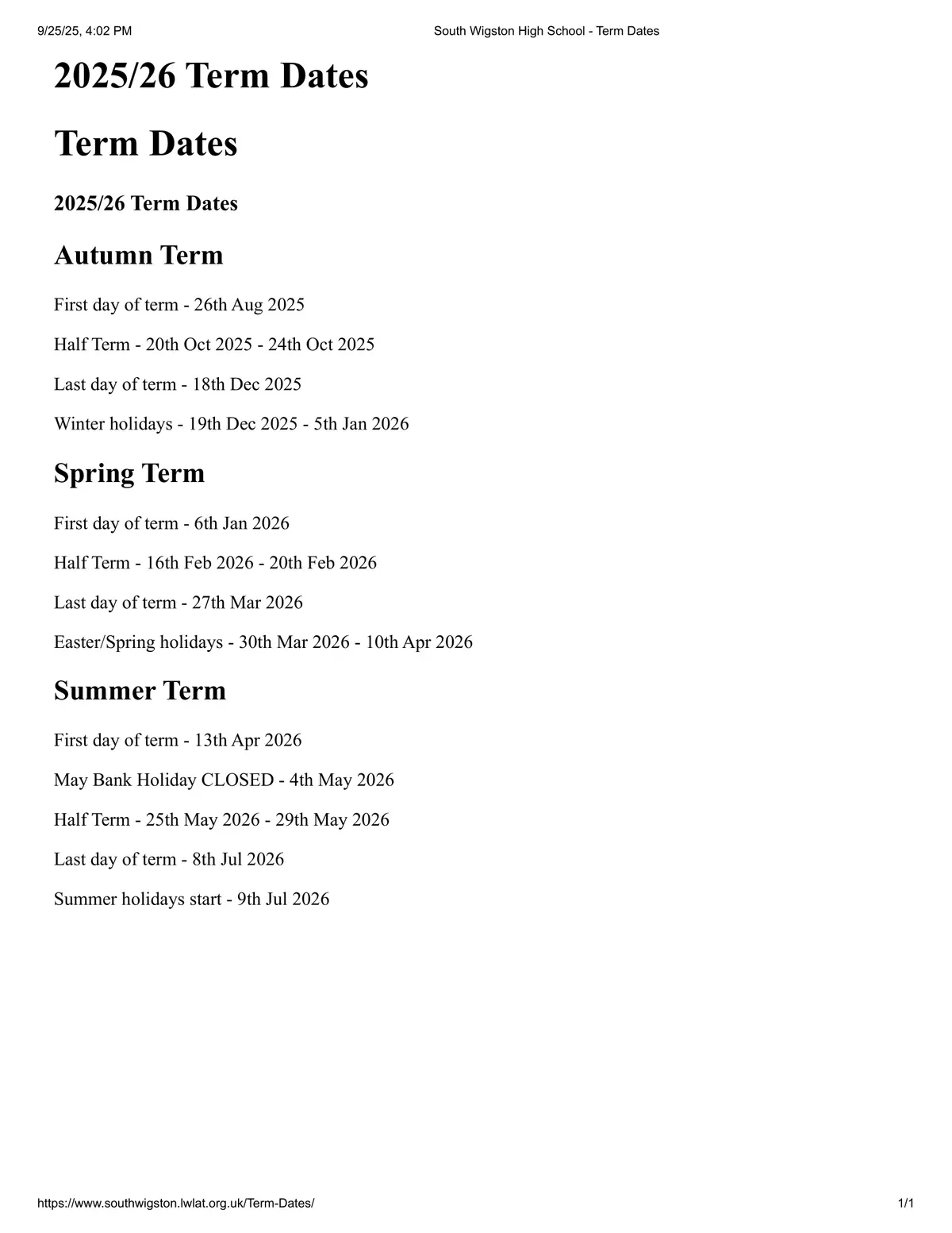 South Wigston High School term dates