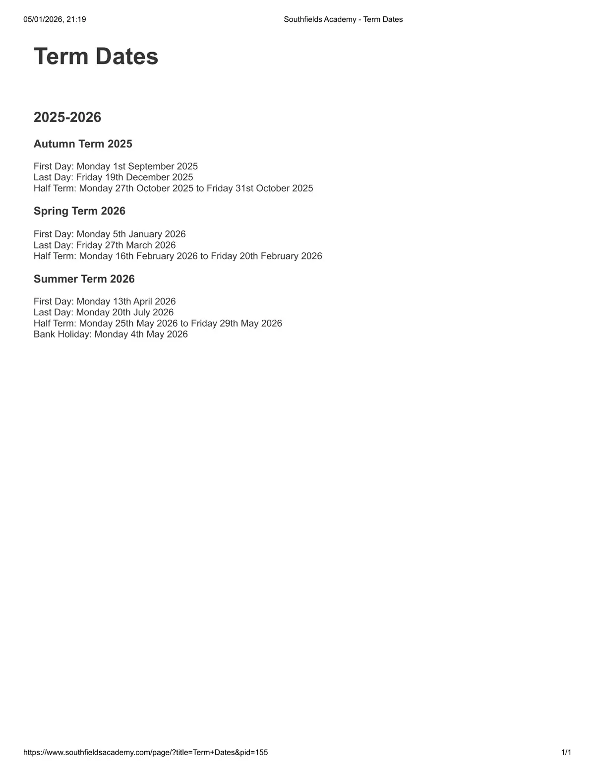 Southfields Academy term dates