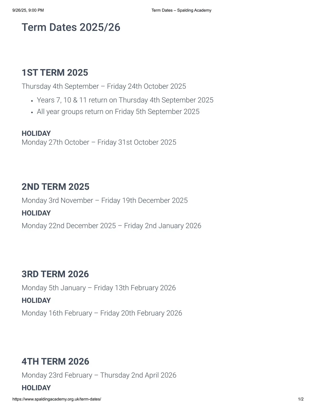 Spalding Academy term dates