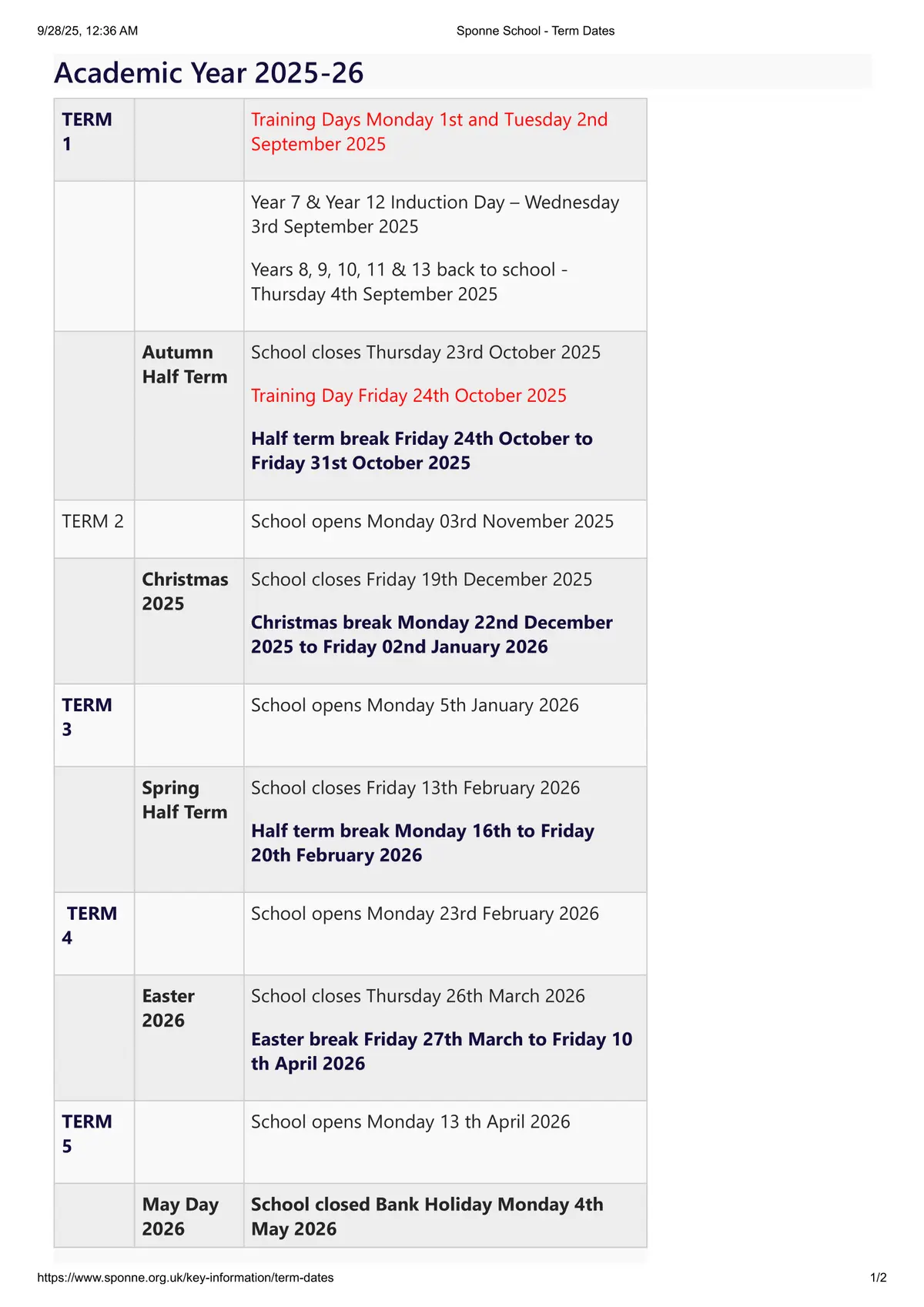 Sponne School term dates