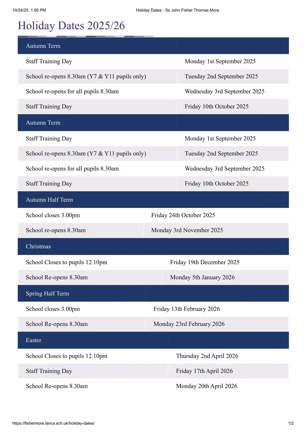 Ss John Fisher and Thomas More Catholic Primary School term dates