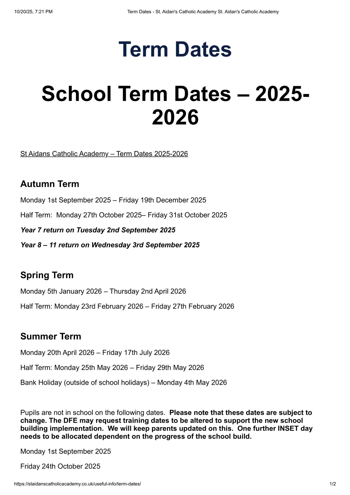 St Aidan's Catholic Academy term dates