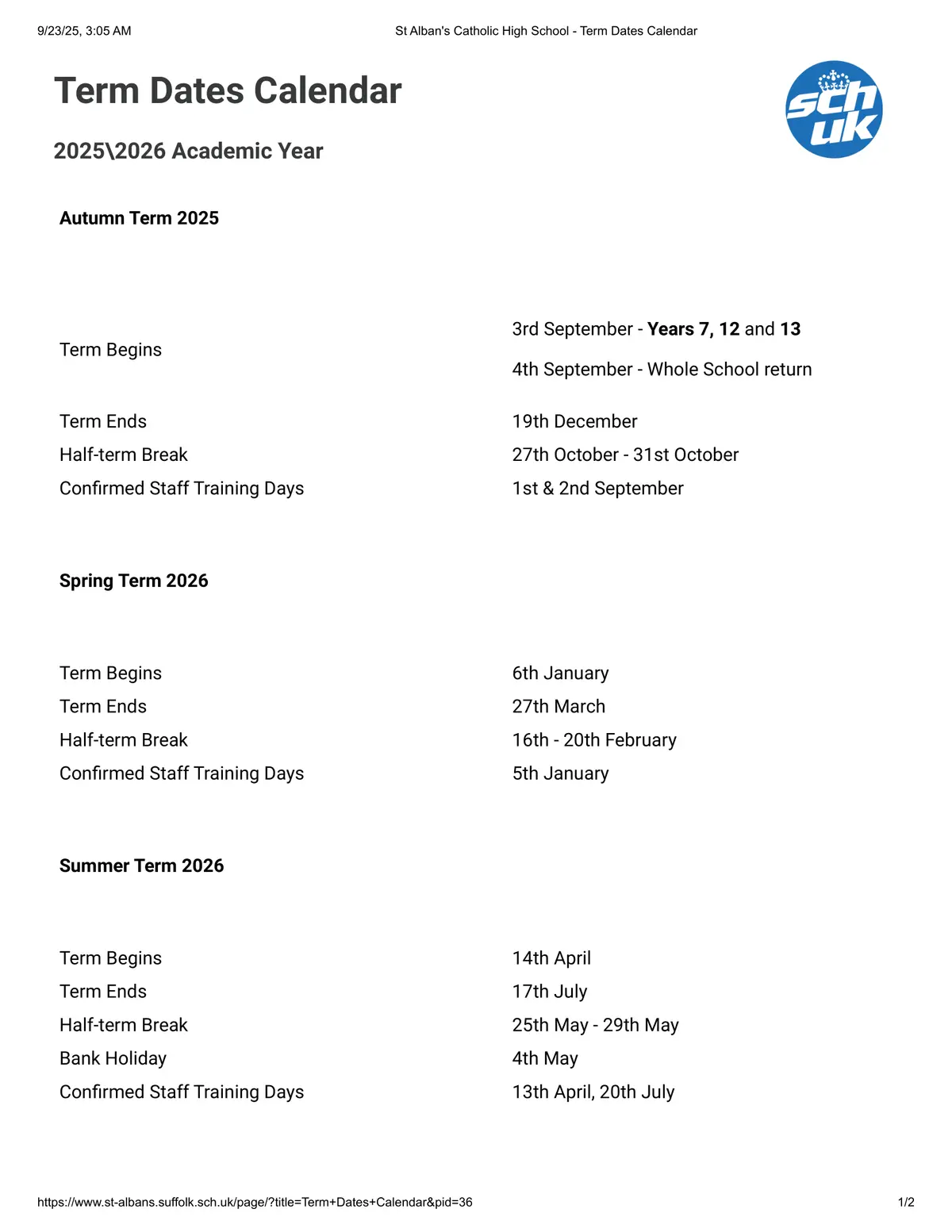St Alban's Catholic High School term dates