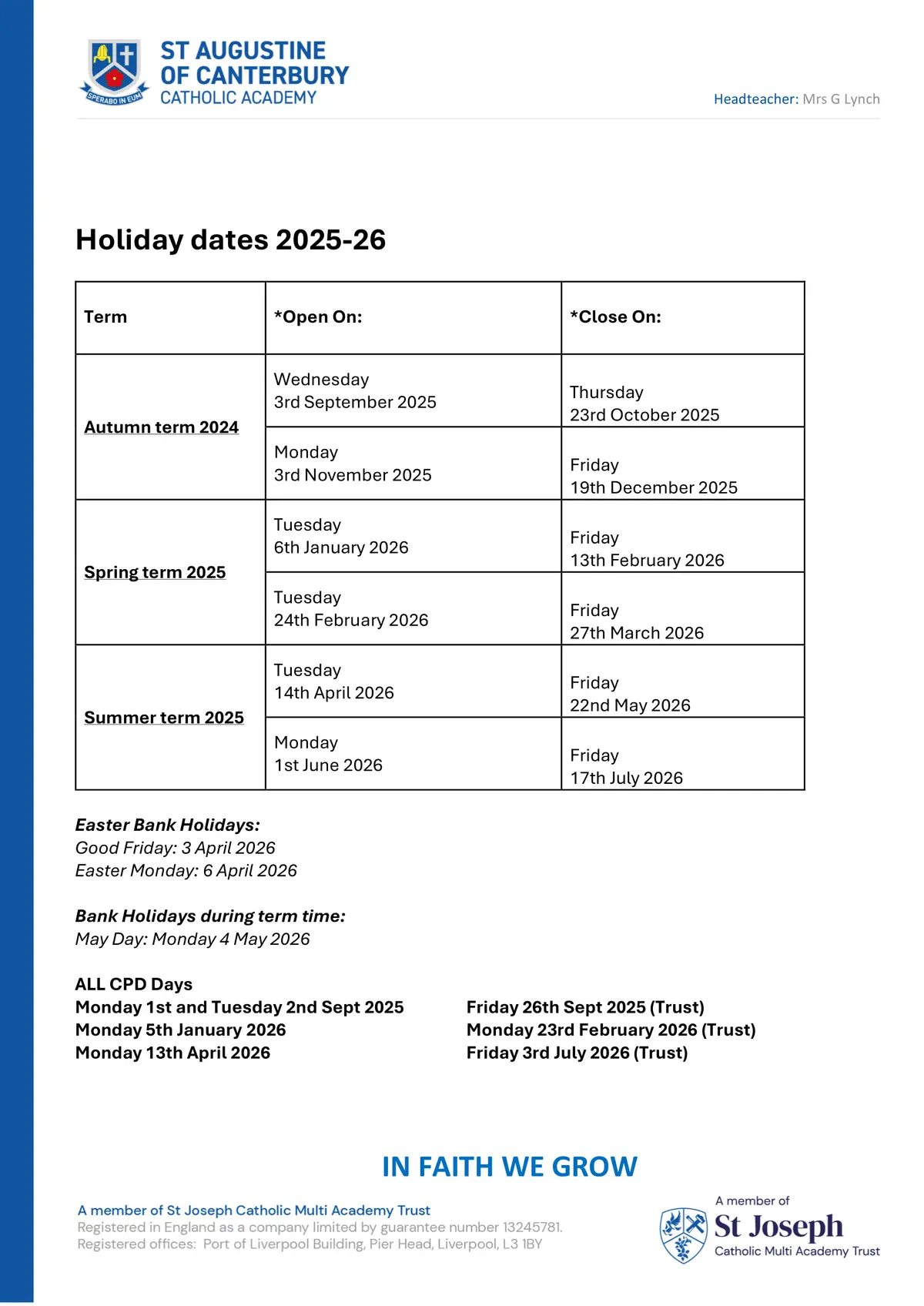 St Augustine of Canterbury Catholic Academy term dates