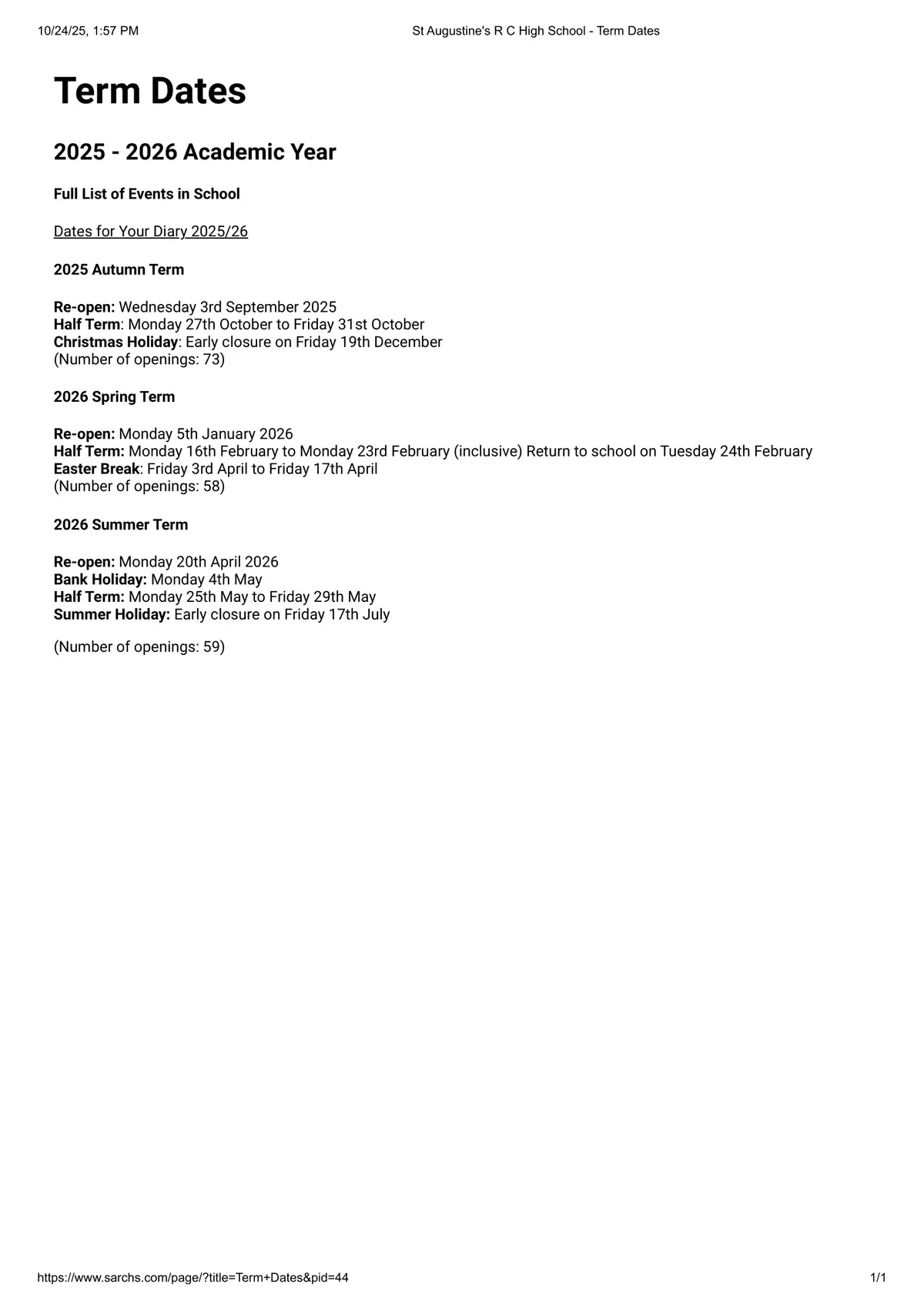 St Augustine's Catholic High School term dates