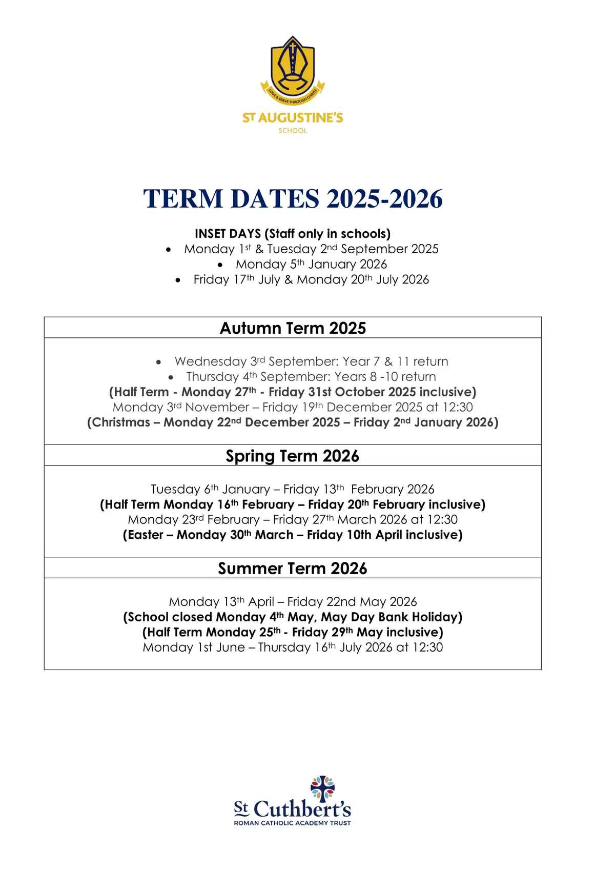 St Augustine's Roman Catholic High School, a Voluntary Academy term dates