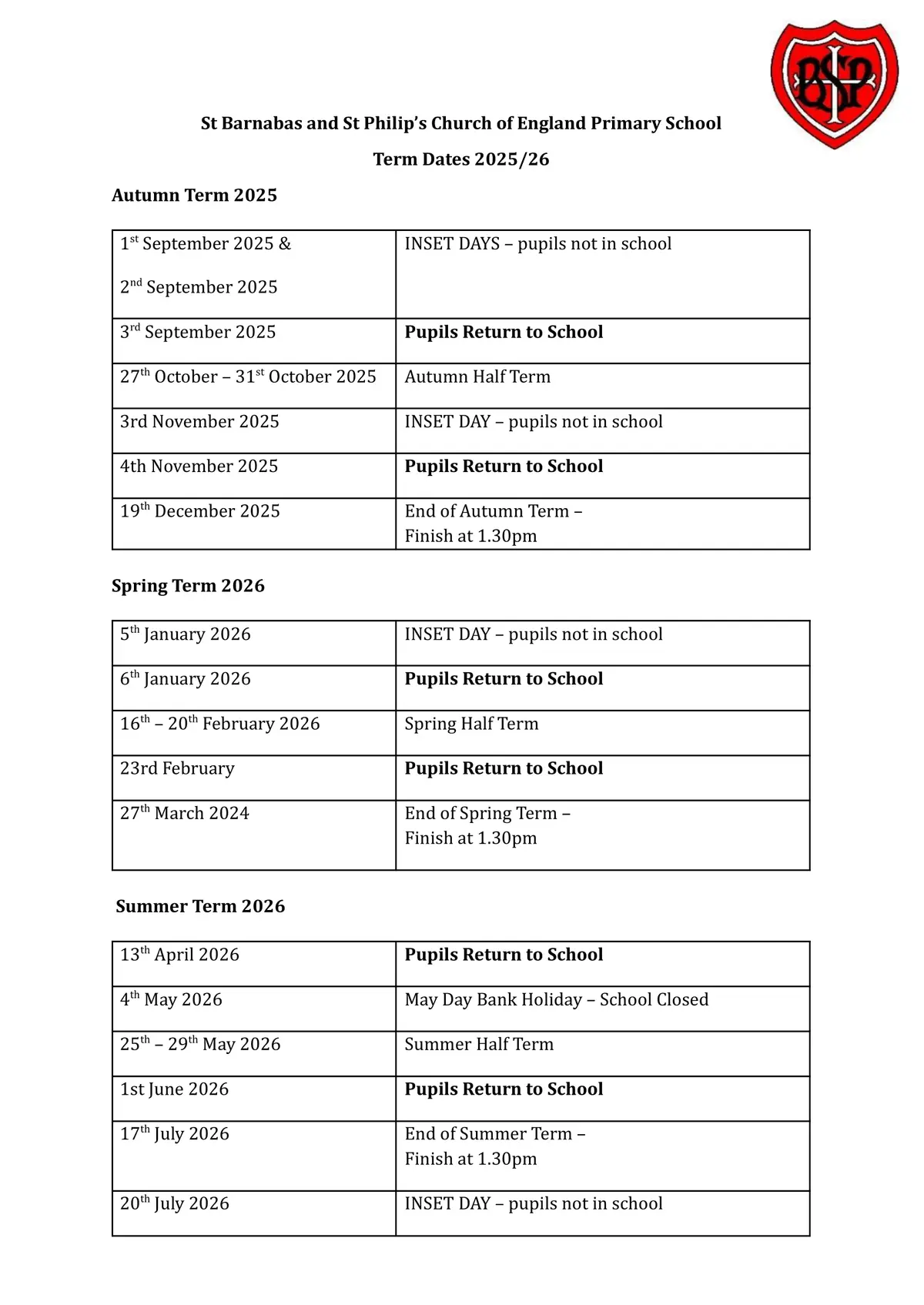 St Barnabas and St Philip's CofE Primary School term dates