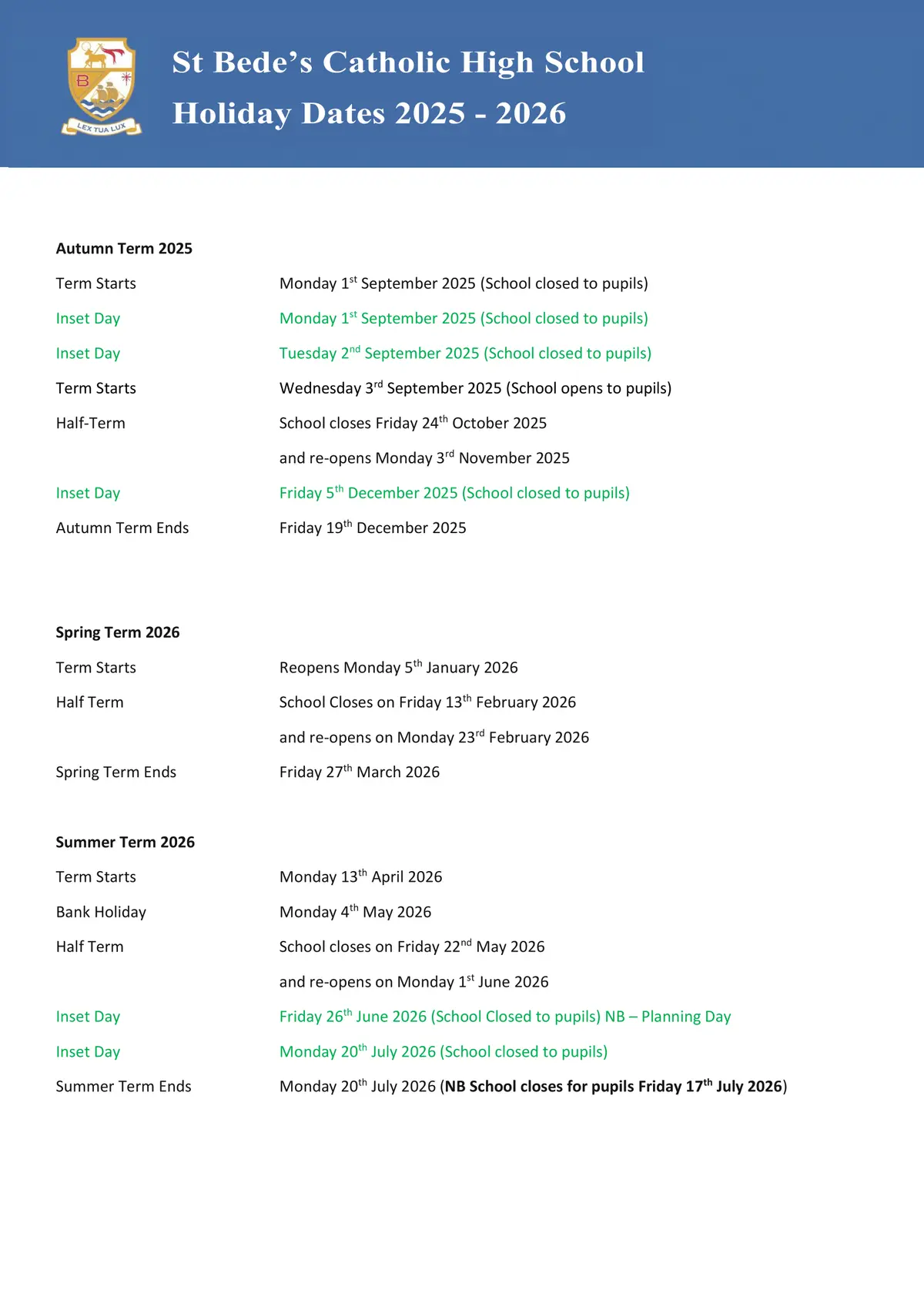 St Bede's Catholic High School term dates