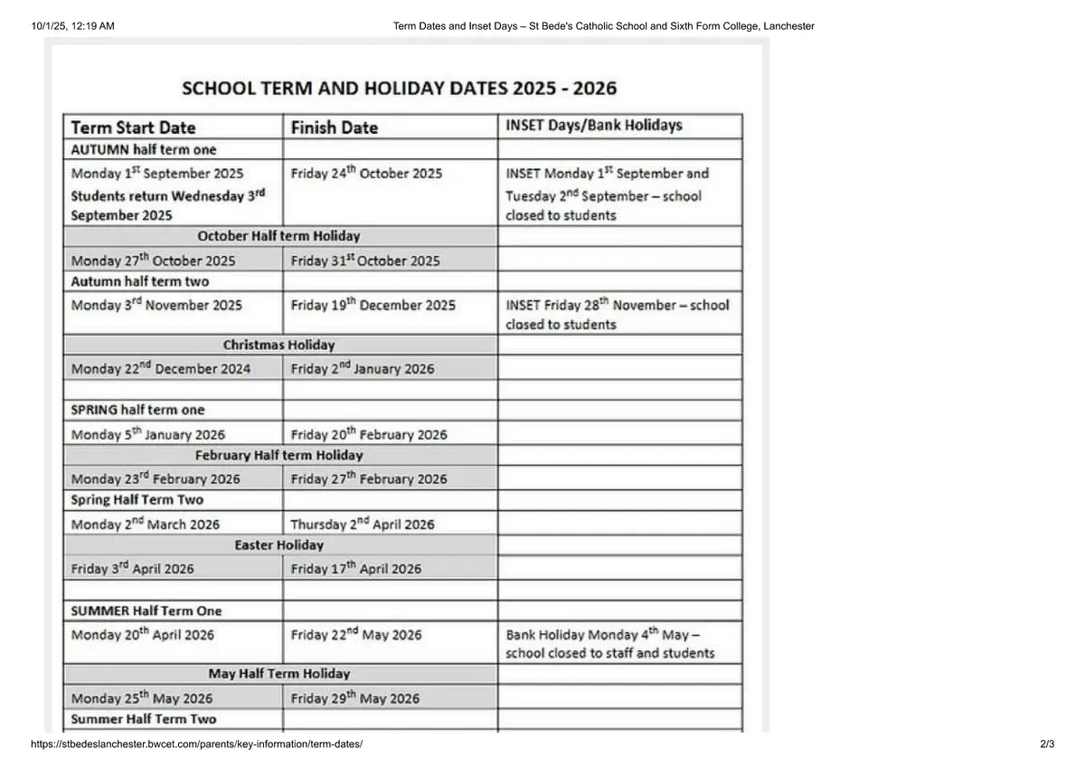 St Bede's Catholic College term dates