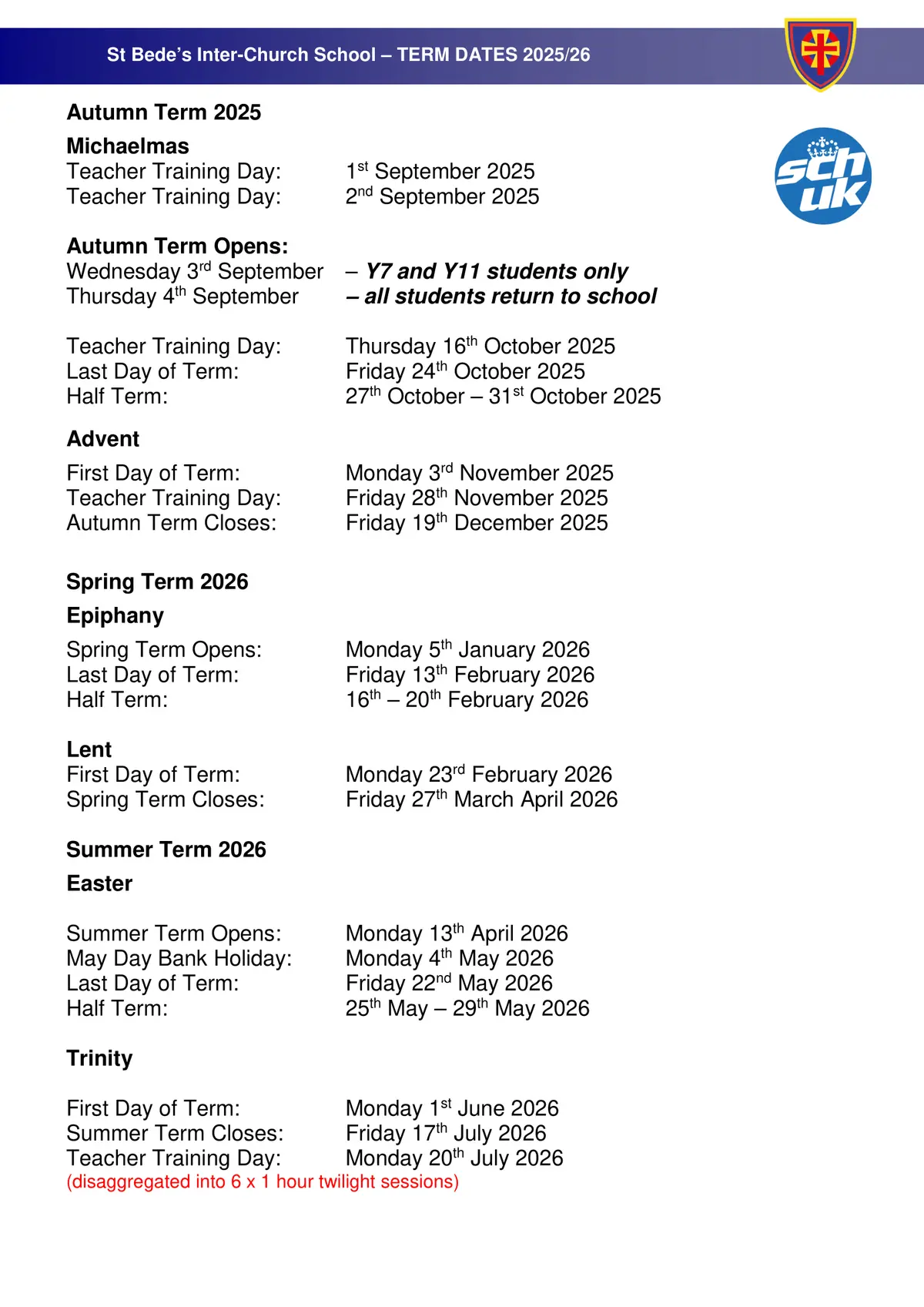 St Bede's Inter-Church School term dates