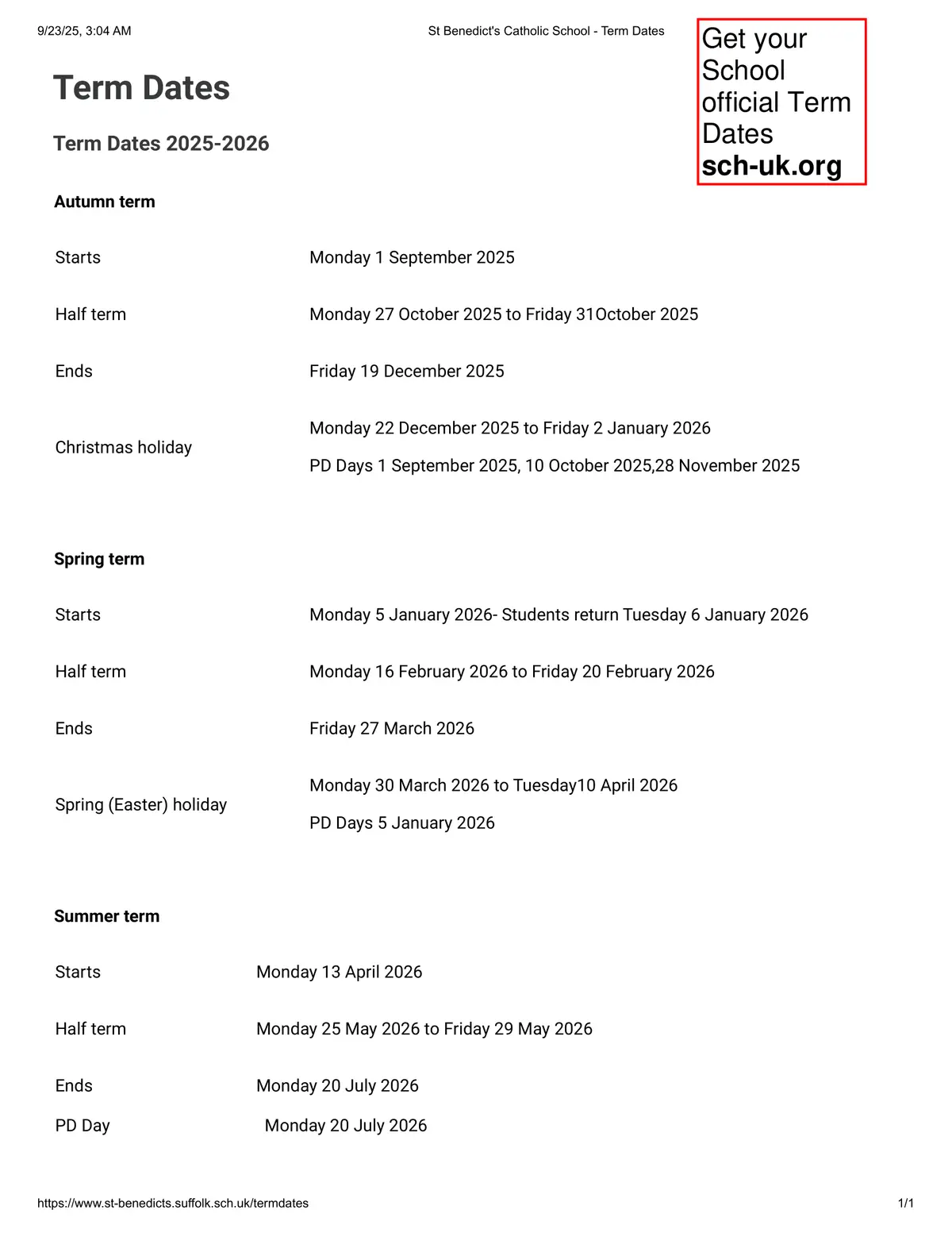 St Benedict's Catholic School term dates