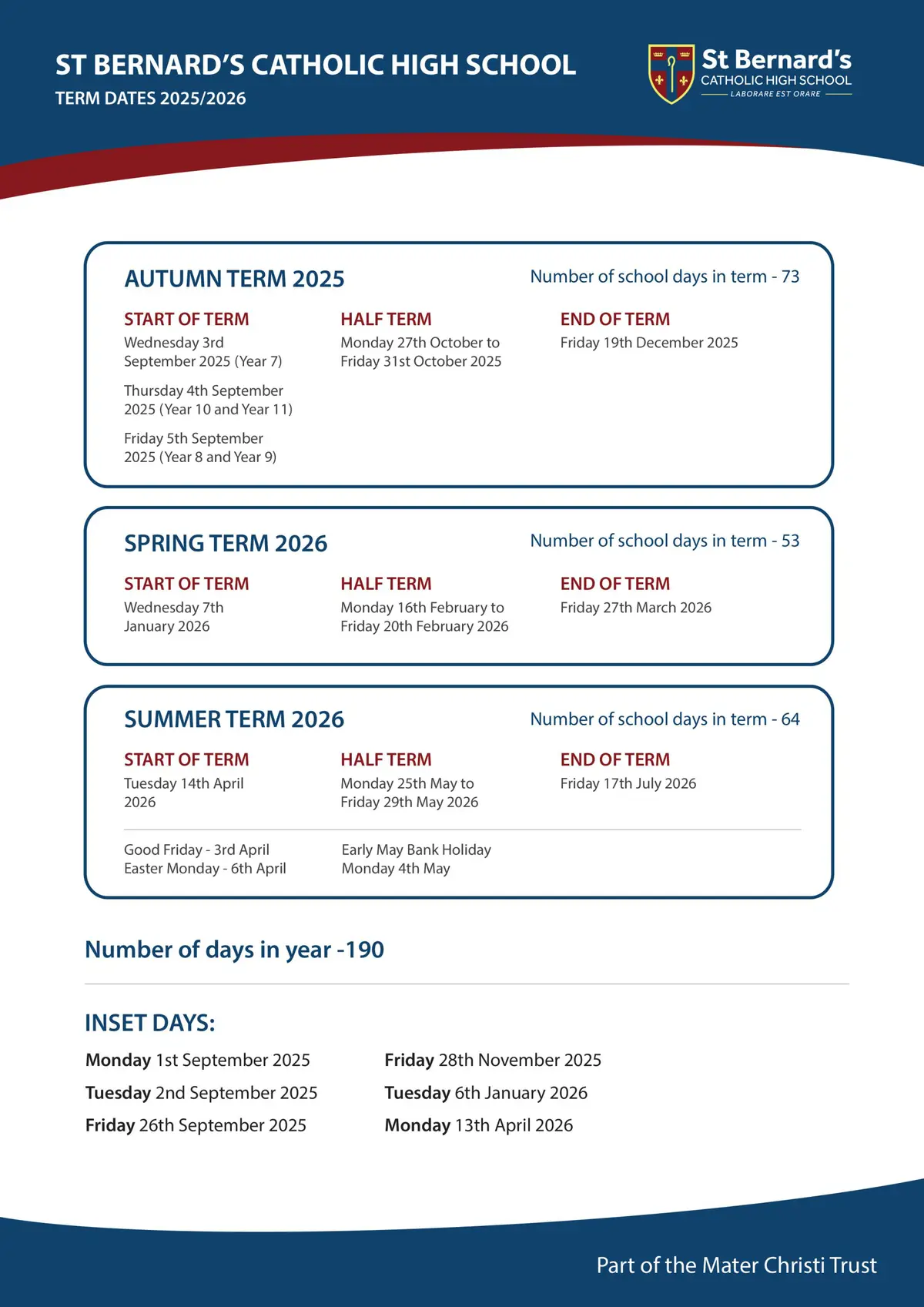 St Bernard's Catholic High School term dates