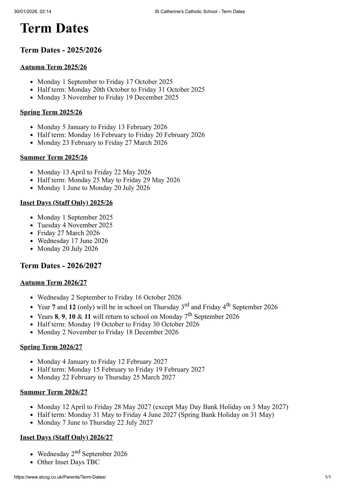 St Catherine's Catholic School term dates
