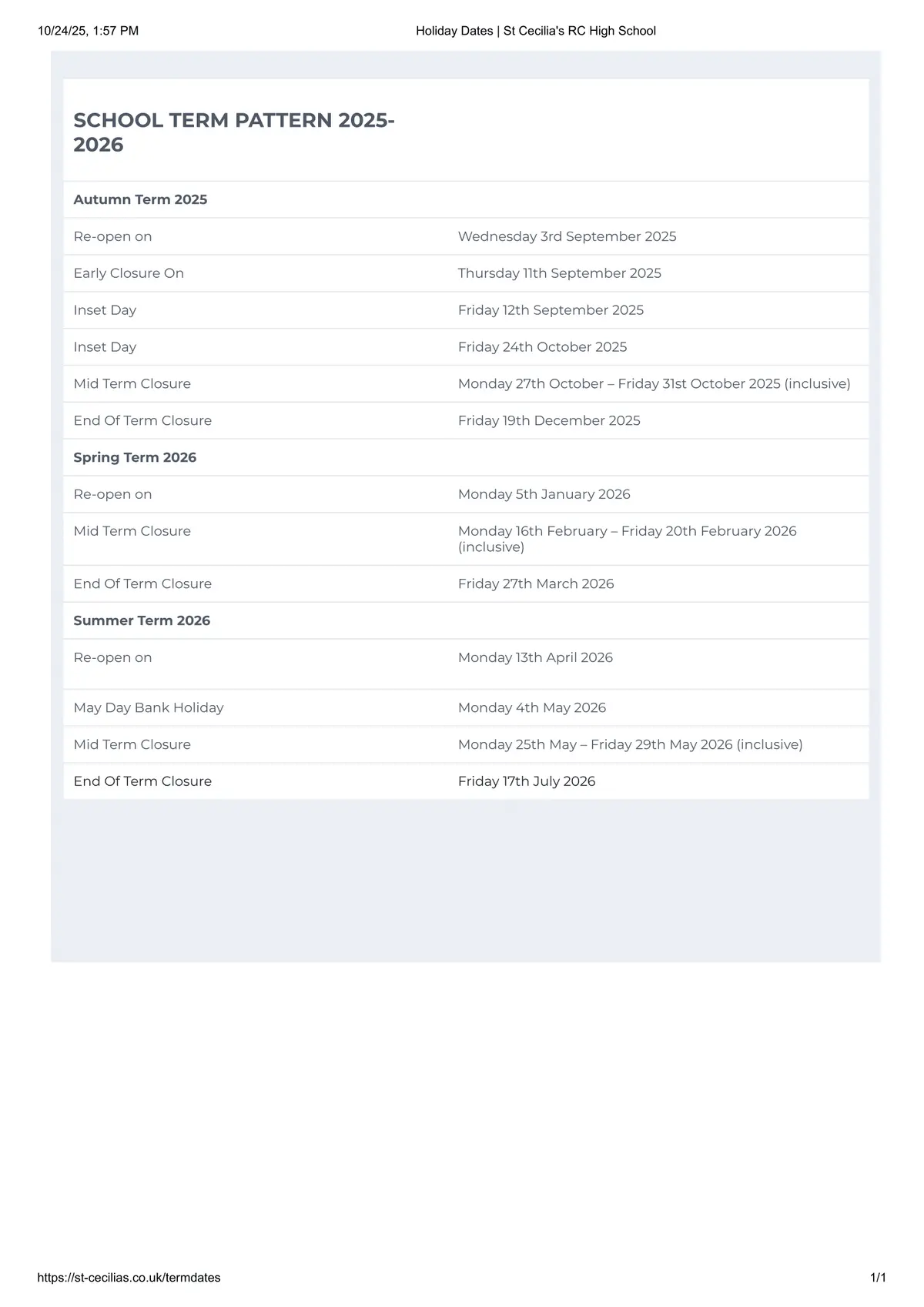 St Cecilia's RC High School term dates