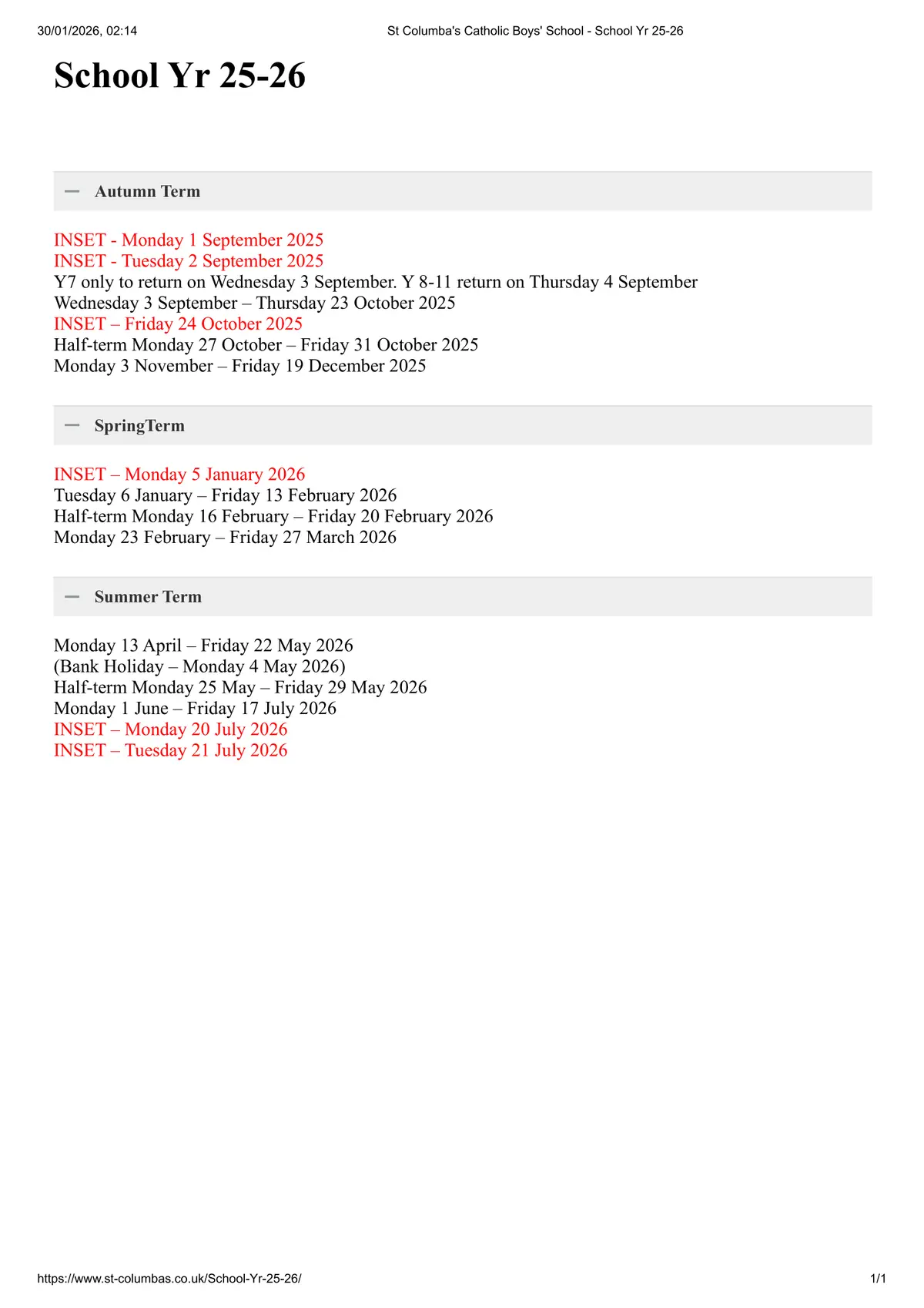 St Columba's Catholic Boys' School term dates