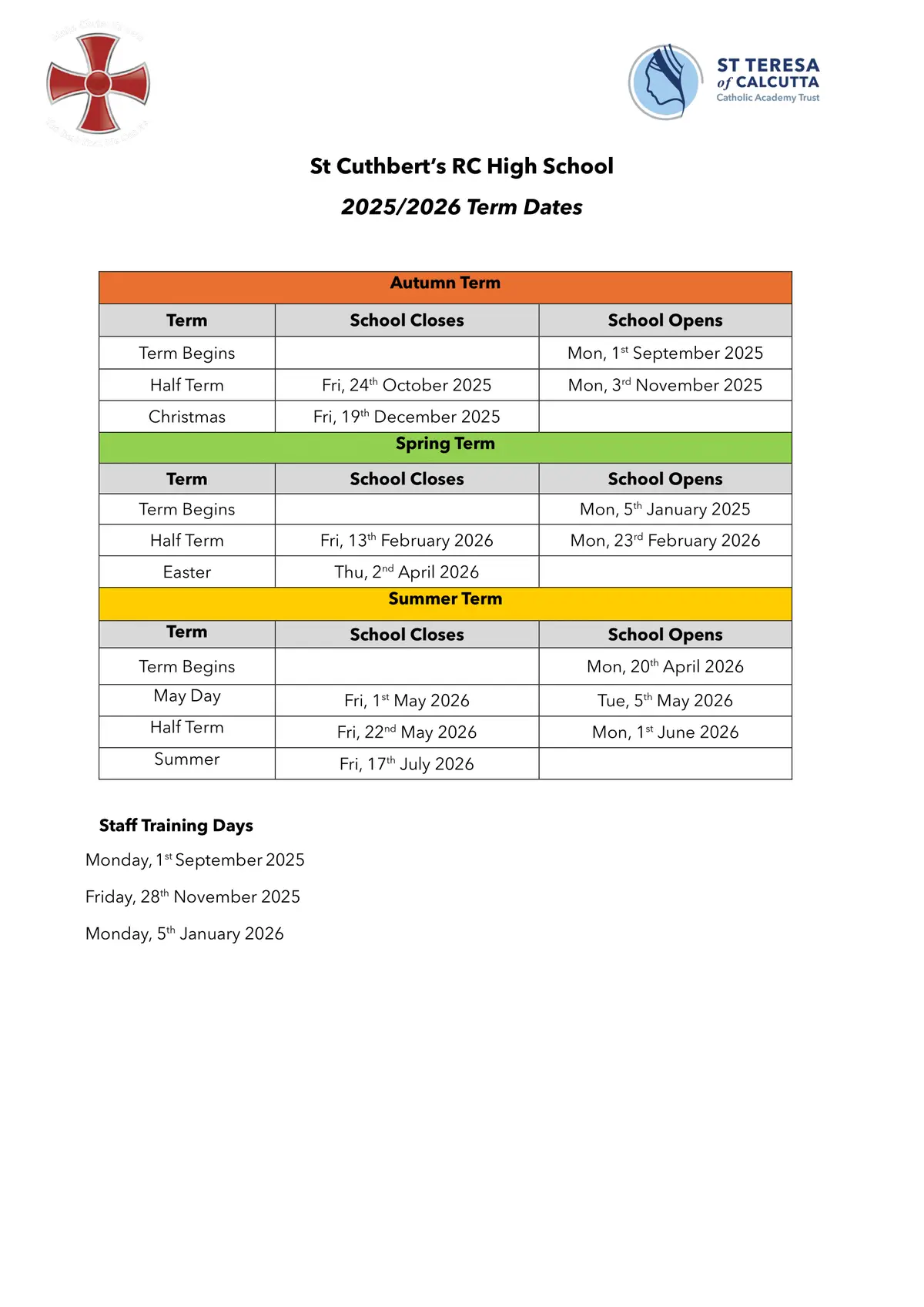 St Cuthbert's High School term dates