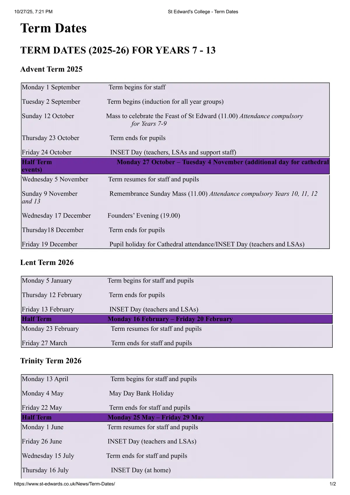 St Edward's College term dates