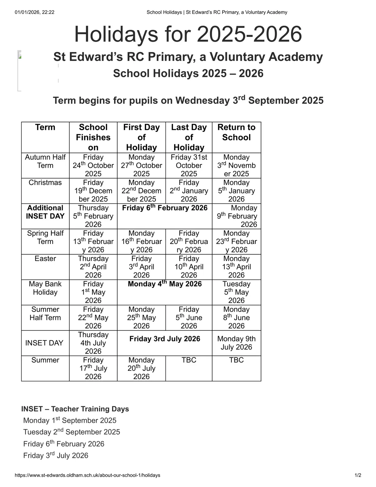 St Edward's Catholic Primary School term dates