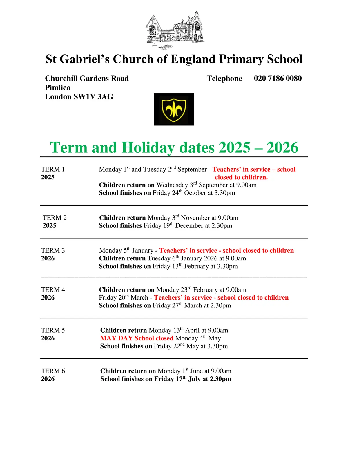 St Gabriel's Church of England Primary School term dates