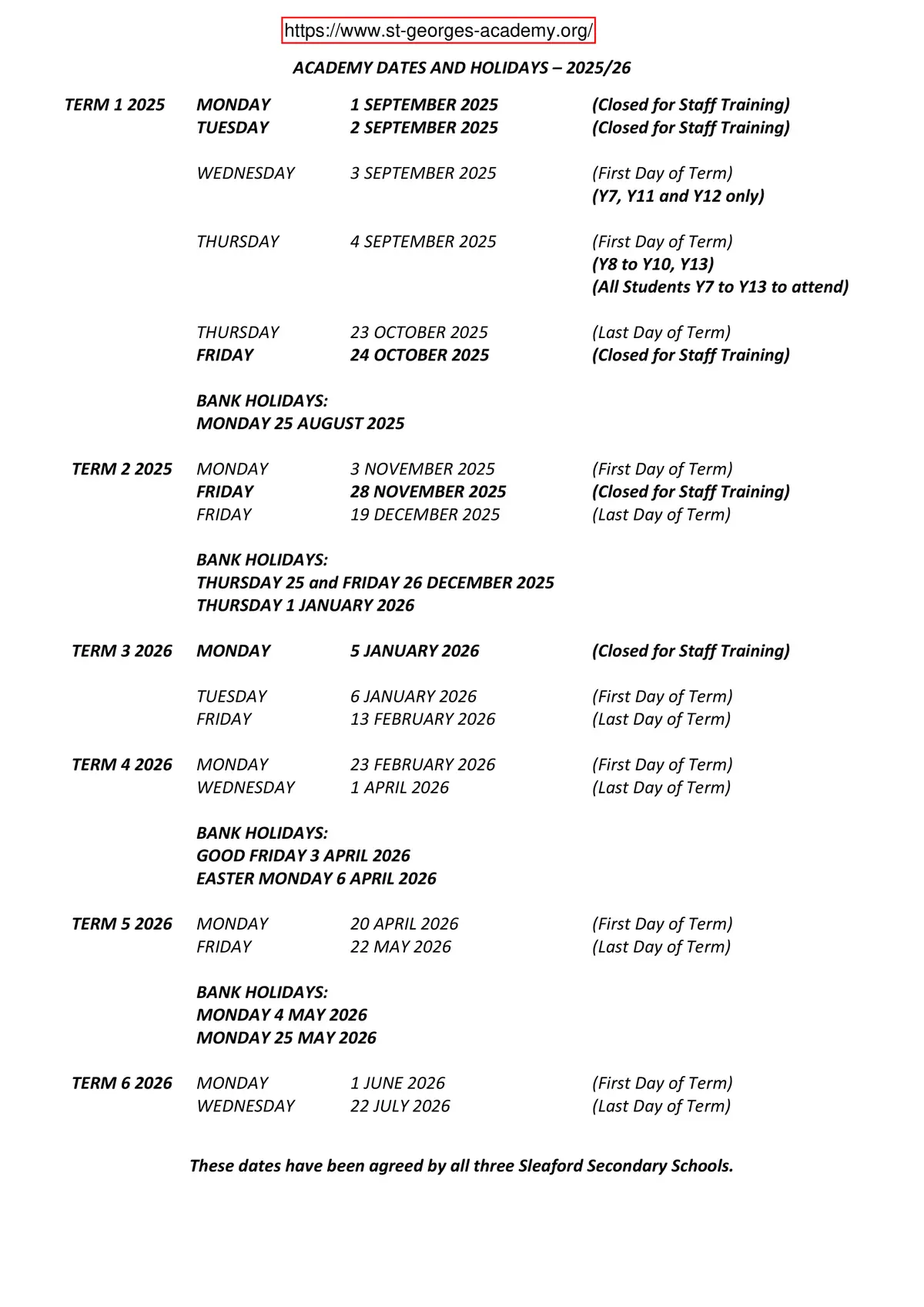 St George's Academy term dates