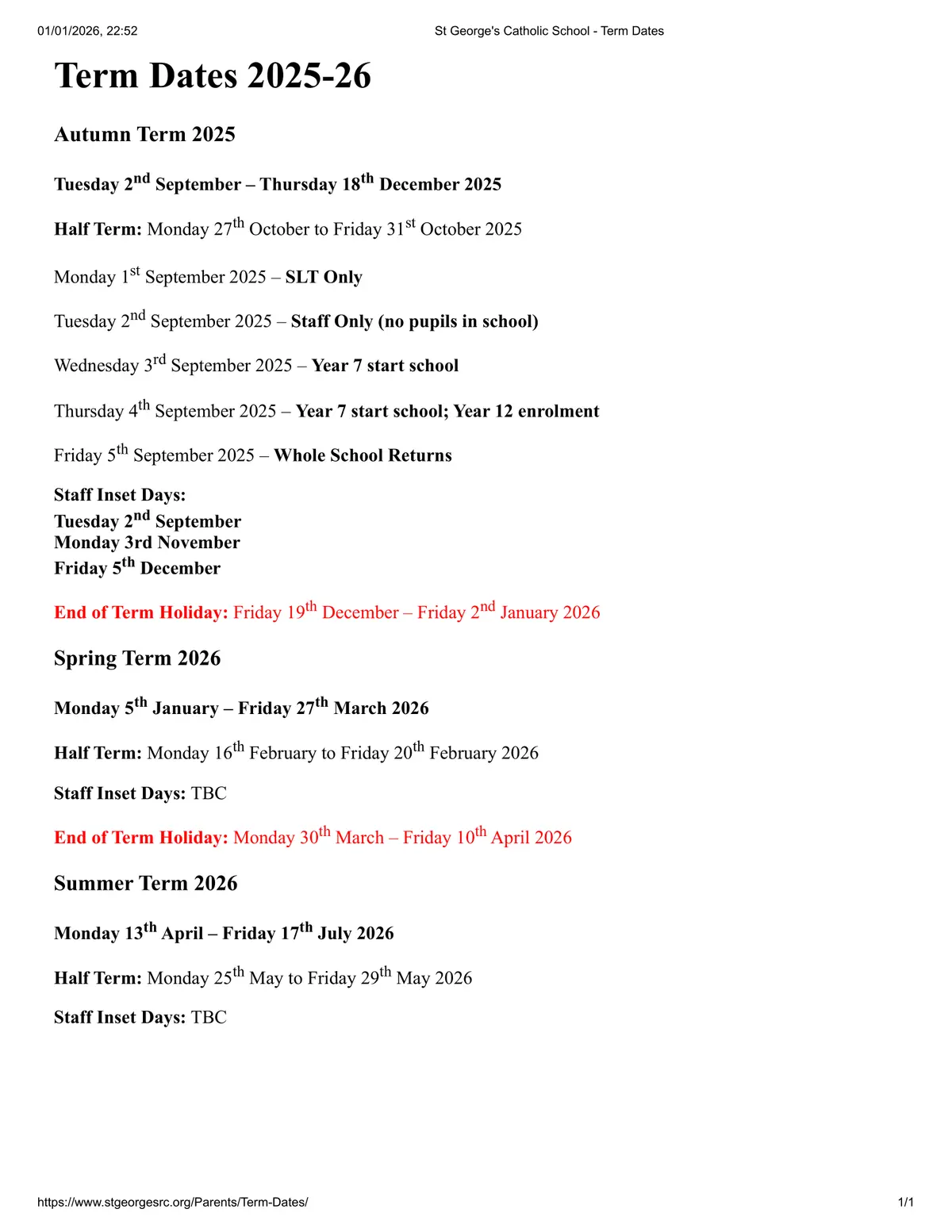 St George's Catholic School term dates