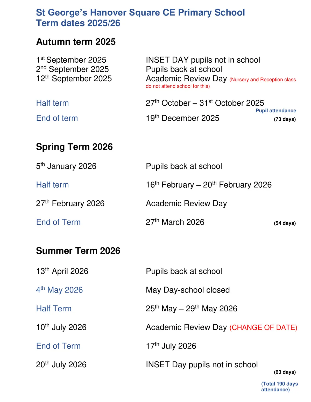St George's Hanover Square CofE Primary School term dates
