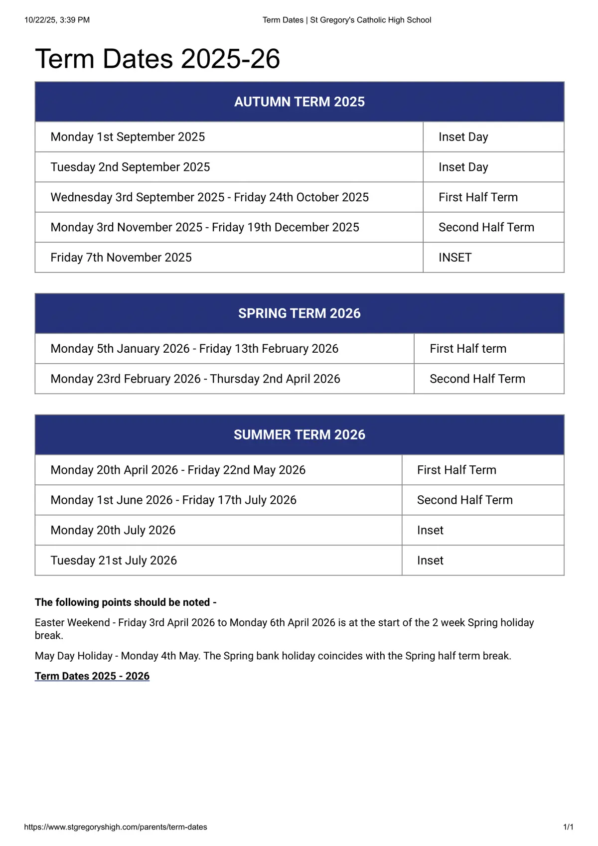 St Gregory's Catholic High School term dates