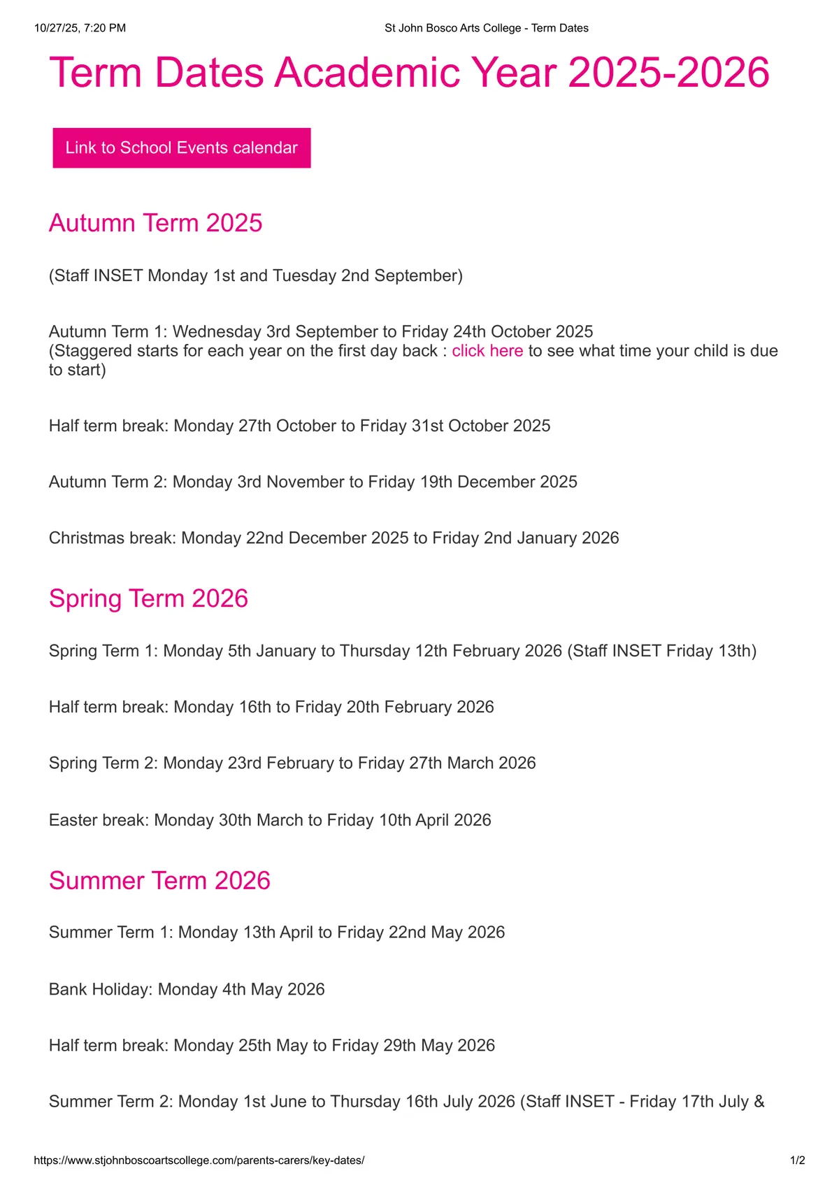 St John Bosco Arts College term dates