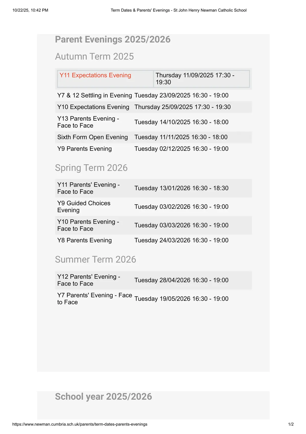 St John Henry Newman Catholic School term dates
