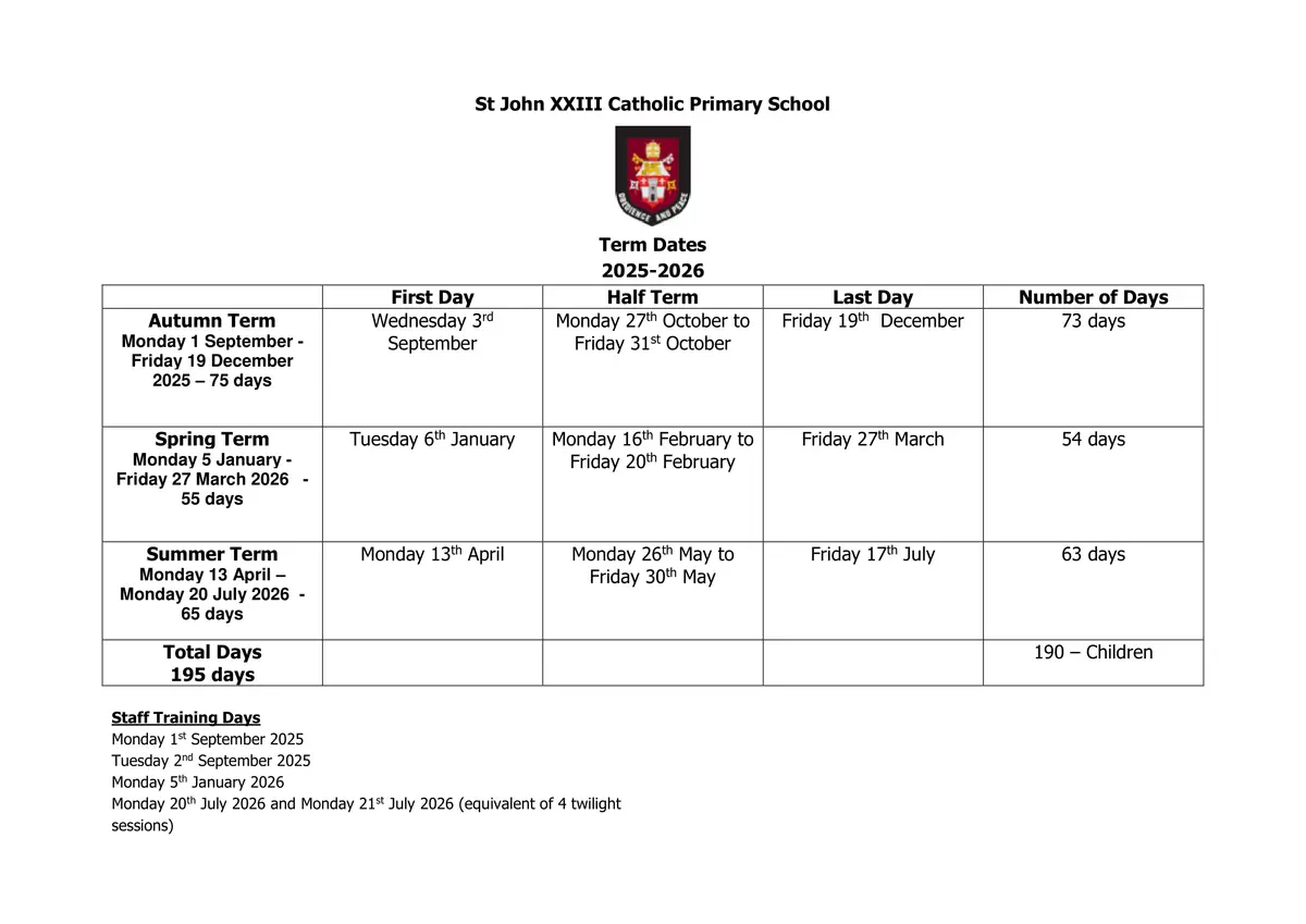 St John XXIII Catholic Primary School term dates
