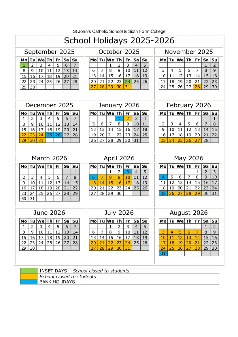 St John's Catholic School & Sixth Form College term dates