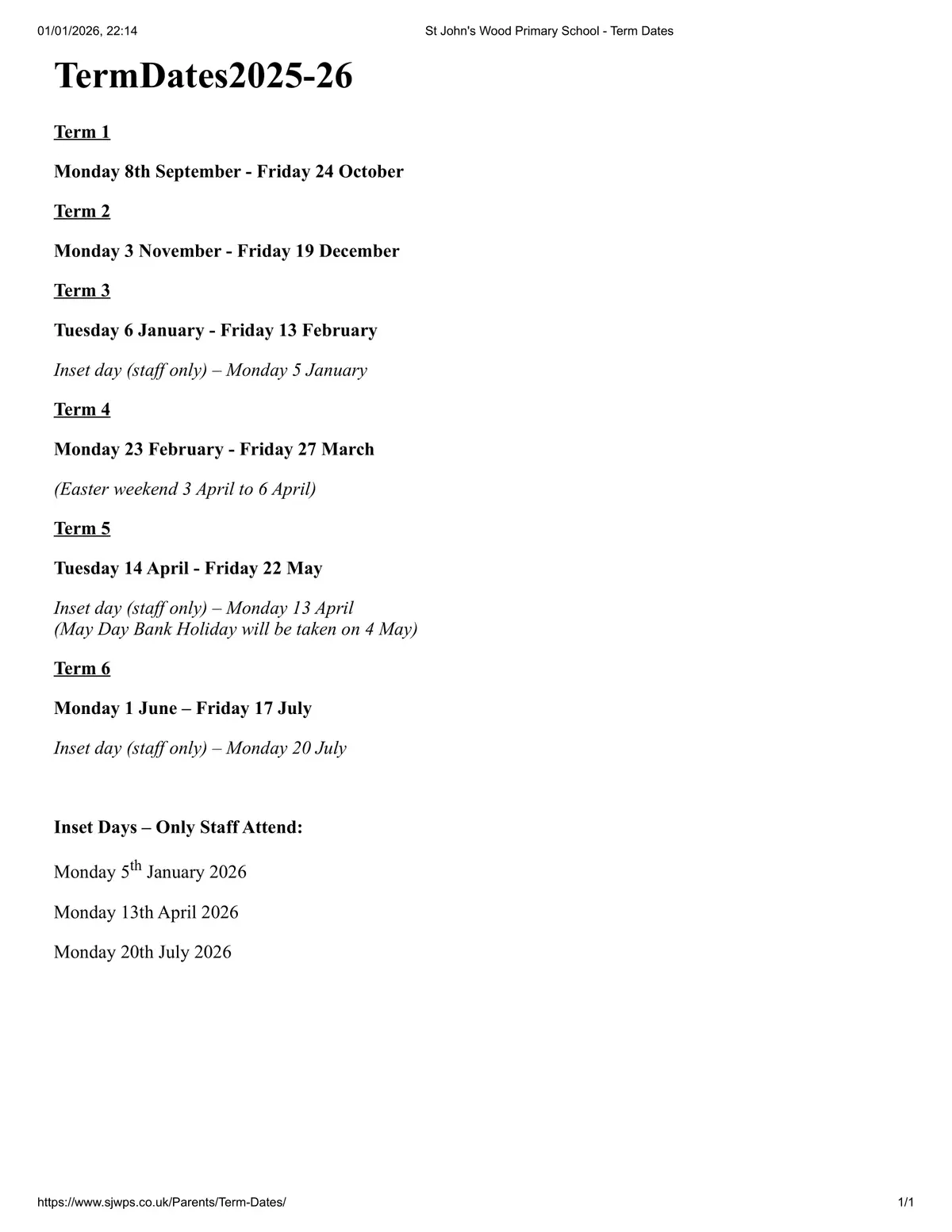 St John's Wood Primary School term dates