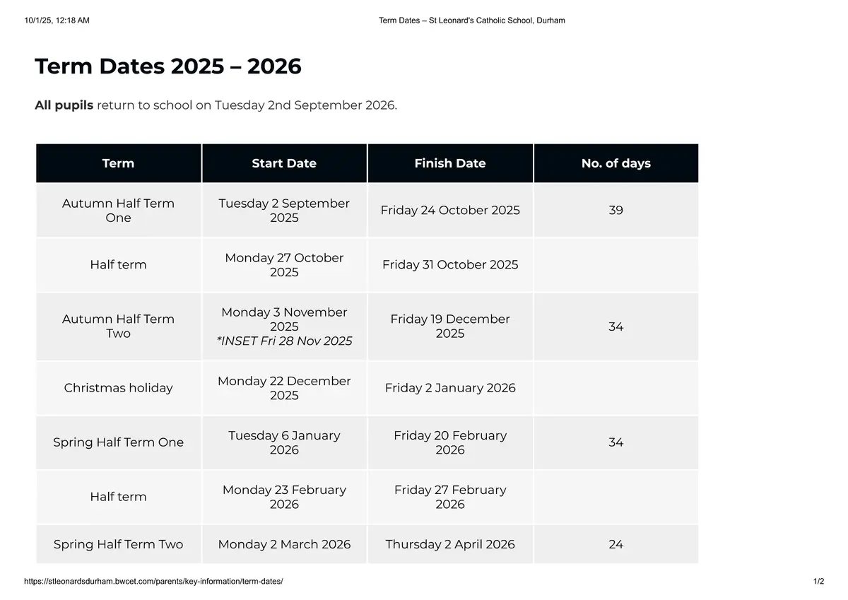 St Leonard's Catholic School, Durham term dates